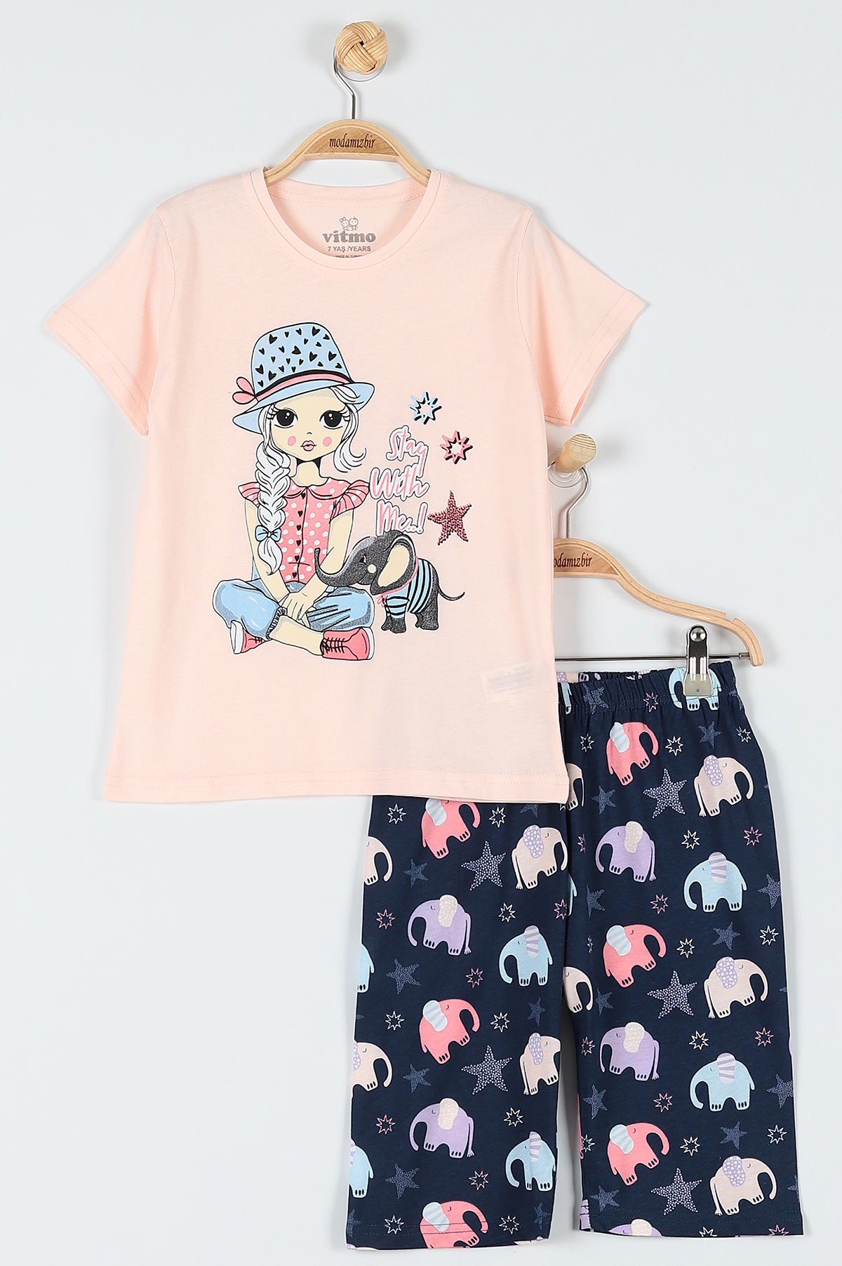 Somon (7-9 Yaş) Yıldız Fil Baskılı Kaprili KIz Çocuk Pijama Takımı 182015