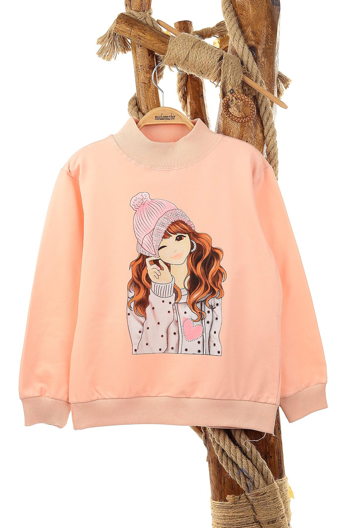 Somon (9-12 Yaş) Küpeli Kız Baskılı  İki İp Şardonlu Kız Çocuk Sweat 149077