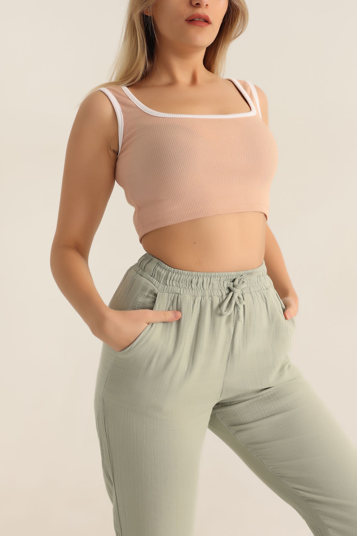 Somon Fitilli Likralı Crop Üst 180288