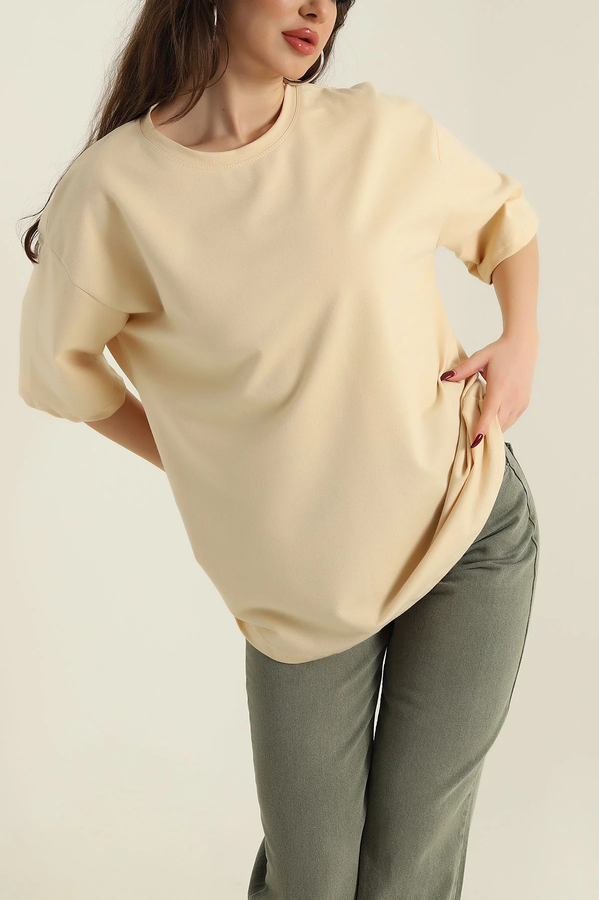 Somon İki İp Bisiklet Yaka Kadın Oversize Tişört 423912