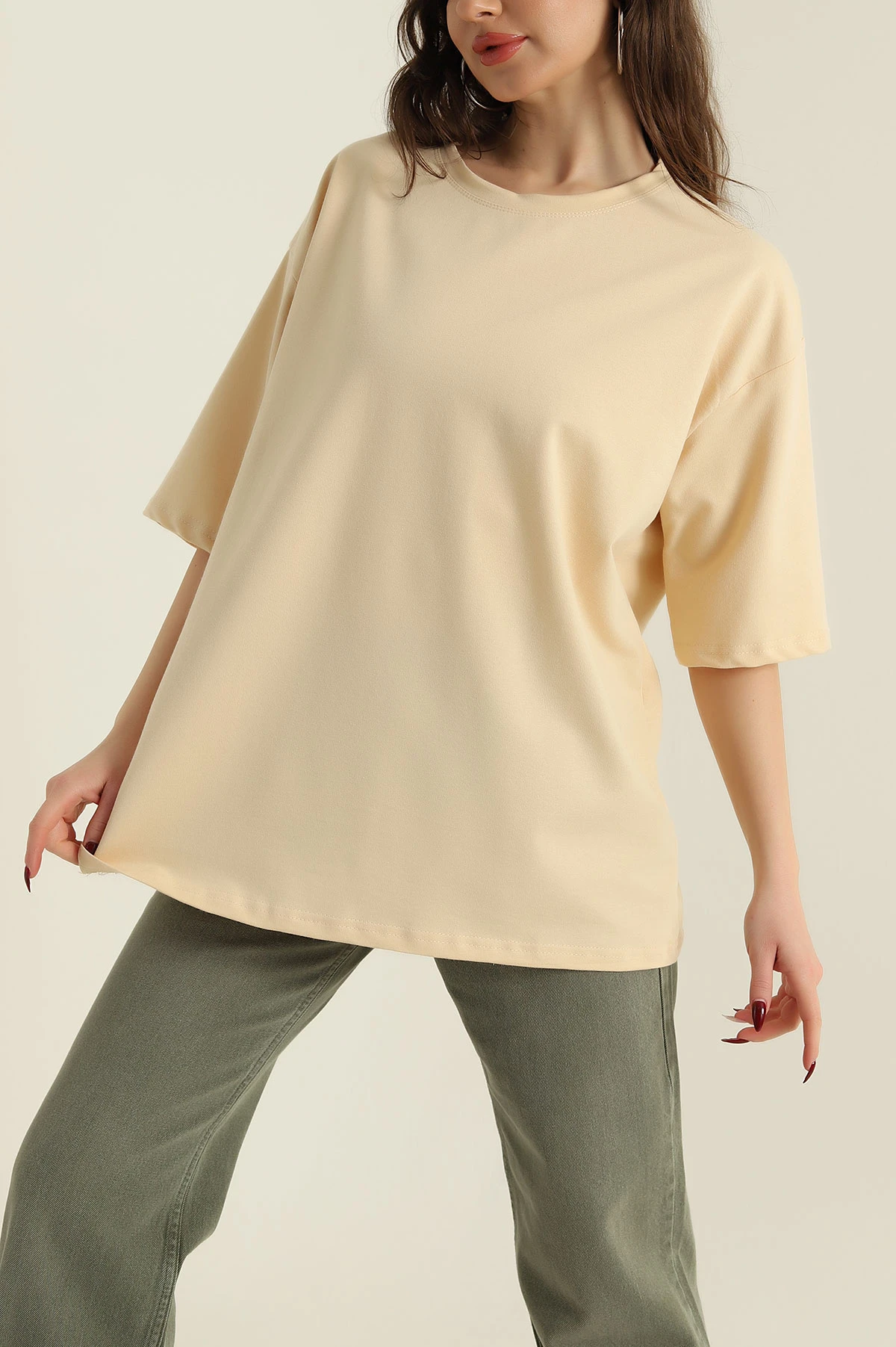 Somon İki İp Bisiklet Yaka Kadın Oversize Tişört 423912