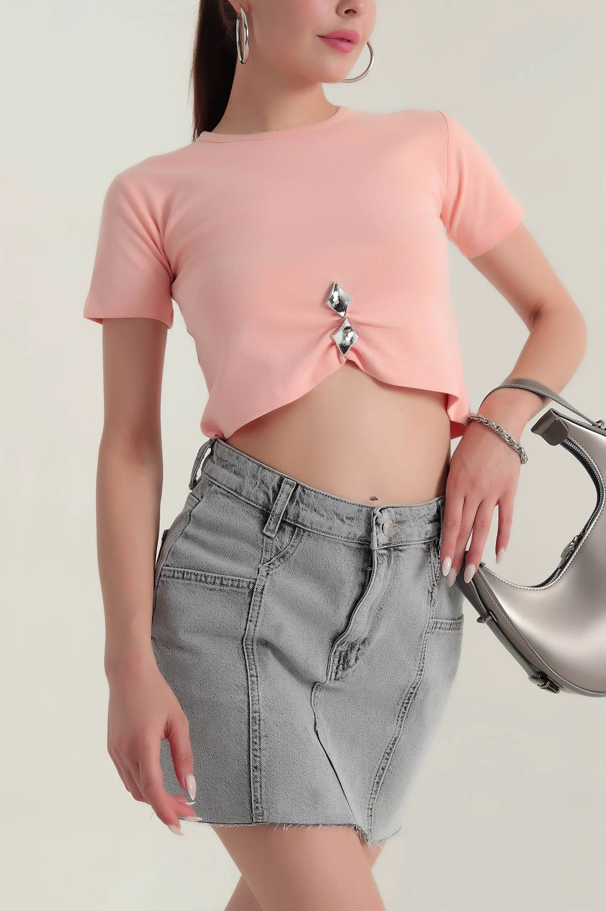 Somon Likralı İnterlok Kadın Crop Bluz 378666