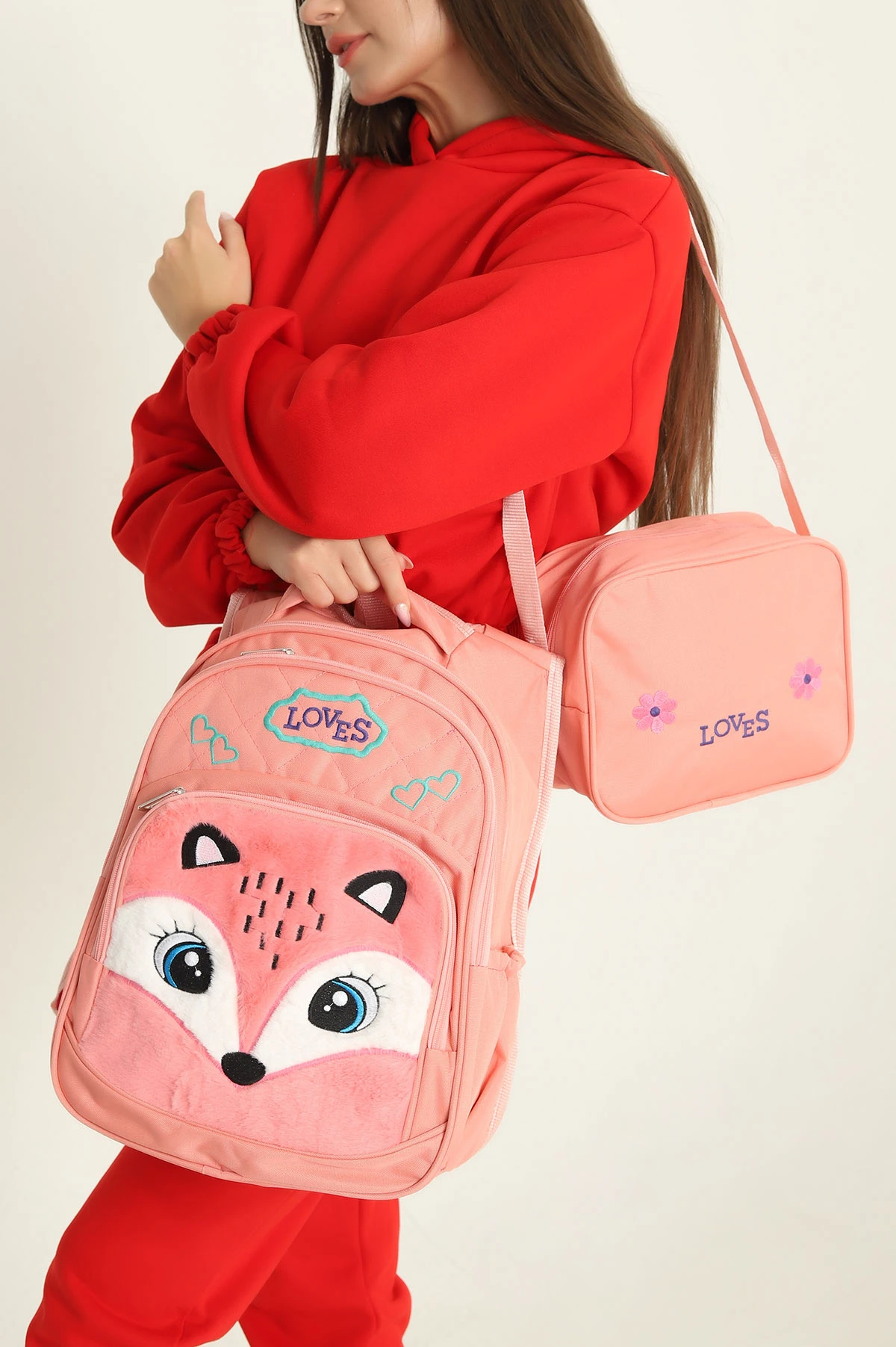 Somon Peluş Kabartma Desenli Beslenme Çantalı İkili Sırt Çantası Seti 292847