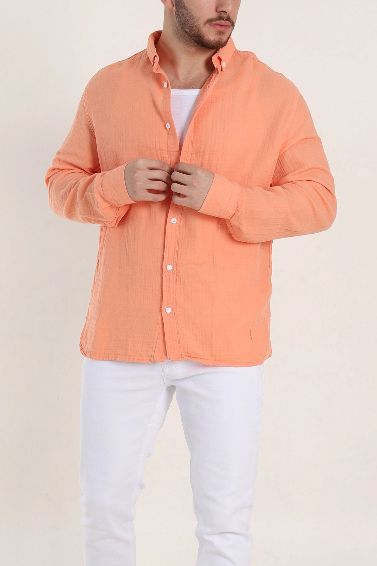 Somon Relaxed Fit Müslin Keten Ata Yaka Erkek Gömlek 339157