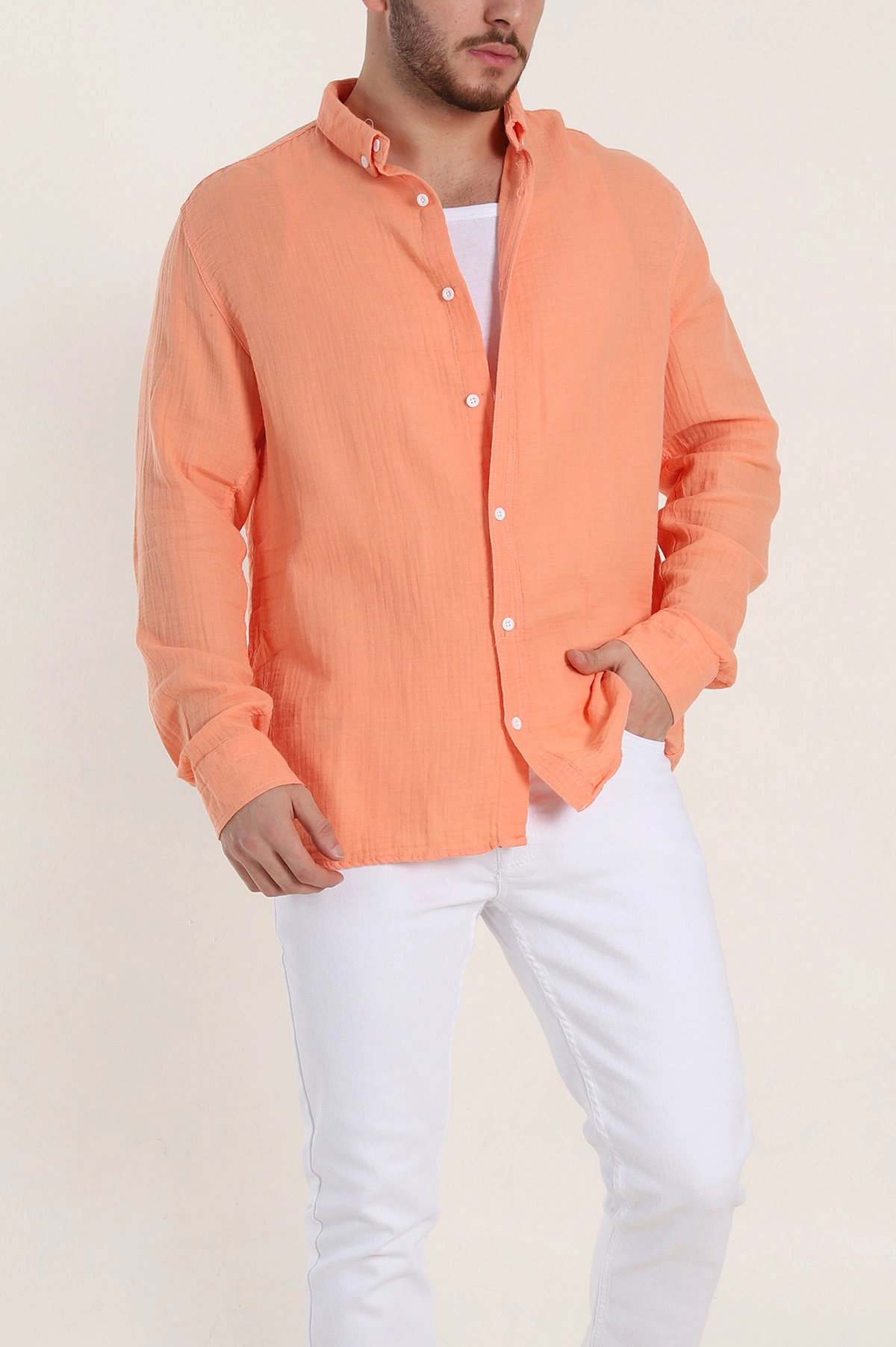 Somon Relaxed Fit Müslin Keten Ata Yaka Erkek Gömlek 339157