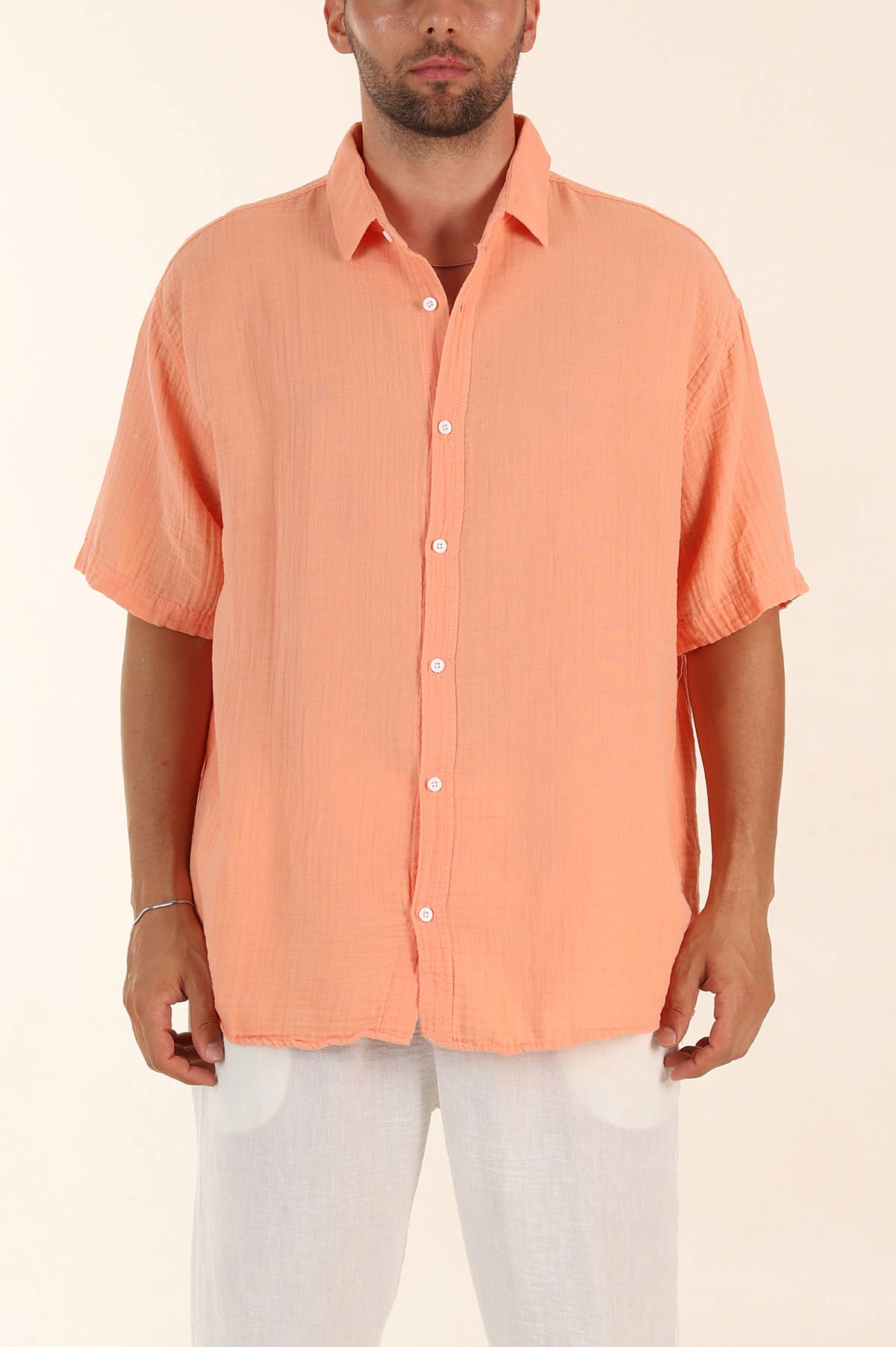 Somon Relaxed Fit Müslin Keten Kısa Kollu Erkek Gömlek 376947