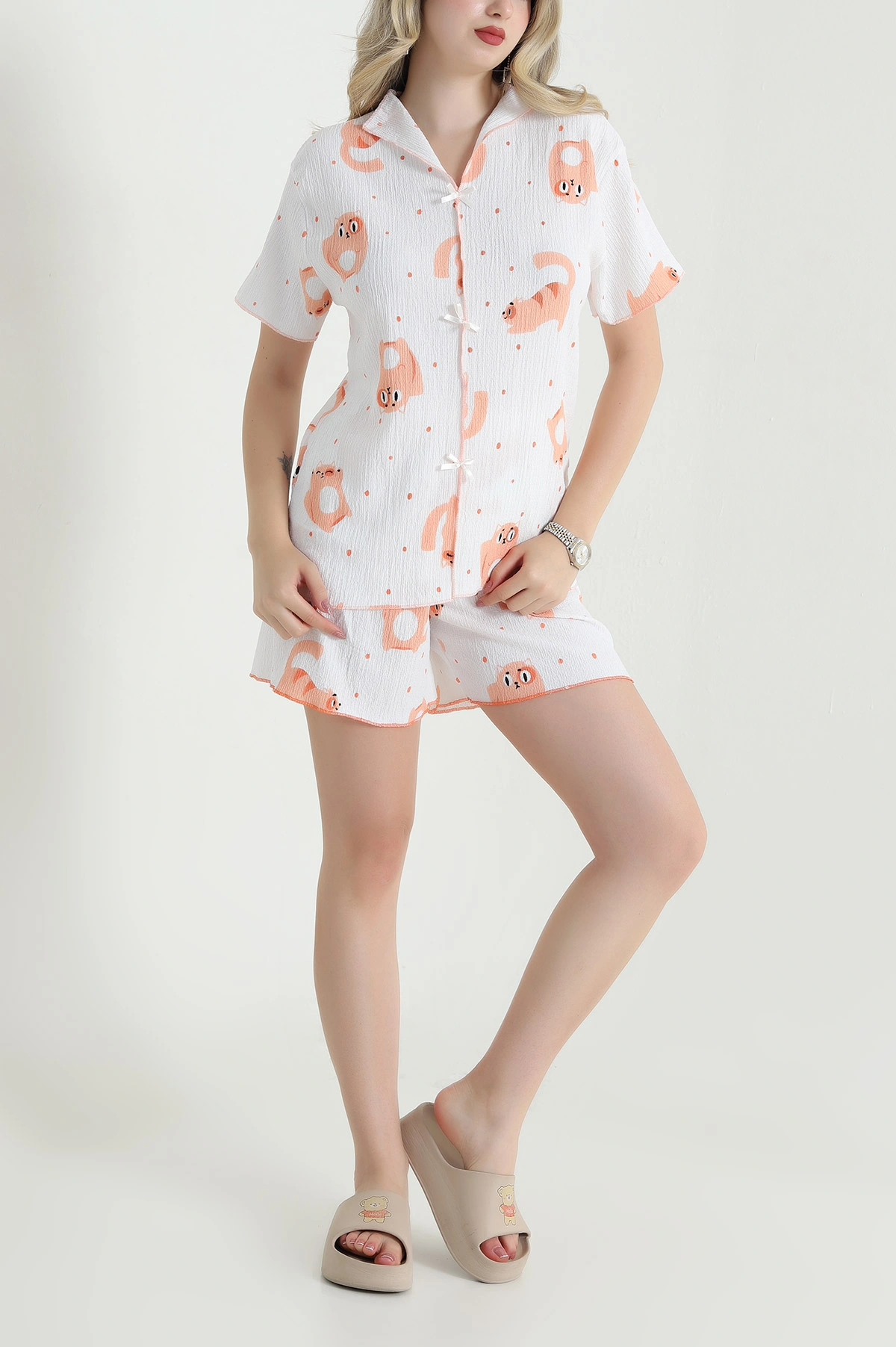 Somon Şortlu Bürümcük Kadın Pijama Takımı 466578