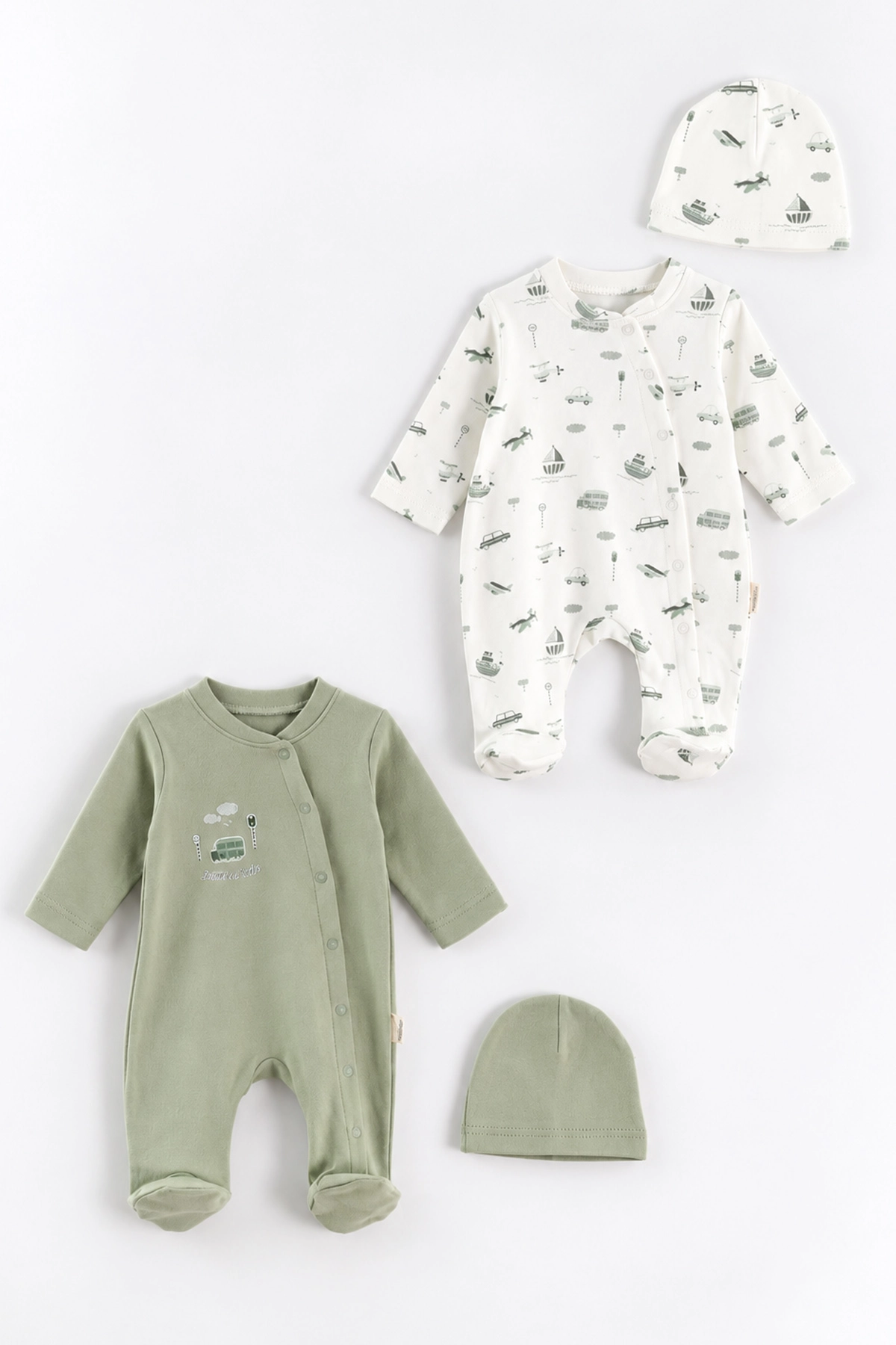 Su Yeşili (0-3 Ay) Araba Baskılı   Patikli  2'li Erkek Bebek Tulum 486924