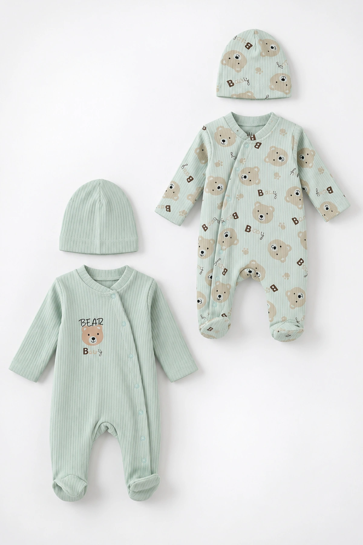Su Yeşili (0-3 Ay) Baby Ayıcık Baskılı Raporlu ve Patikli 2'li Erkek Bebek Tulum 486914