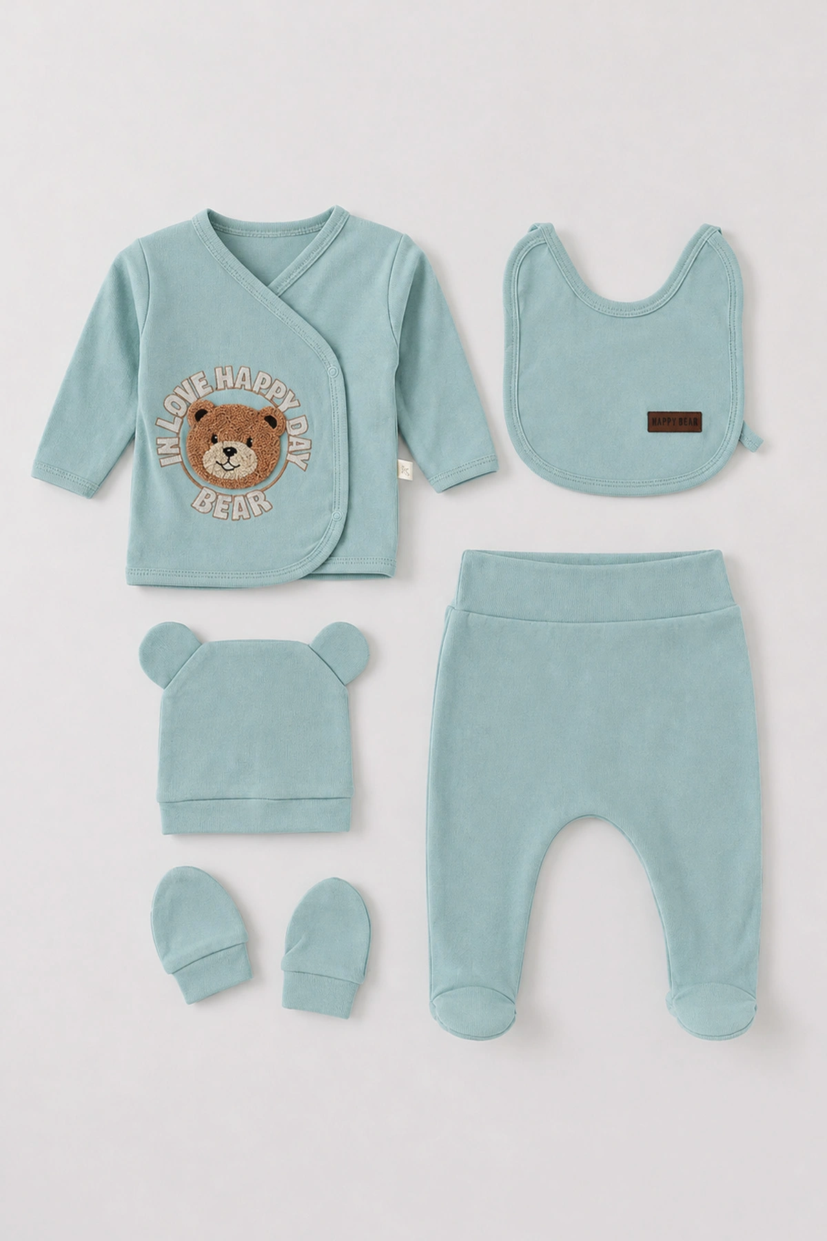 Su Yeşili (0-3 Ay)Happy Bear   Nakışlı  Patikli 5'li Erkek Bebek Takım 479311