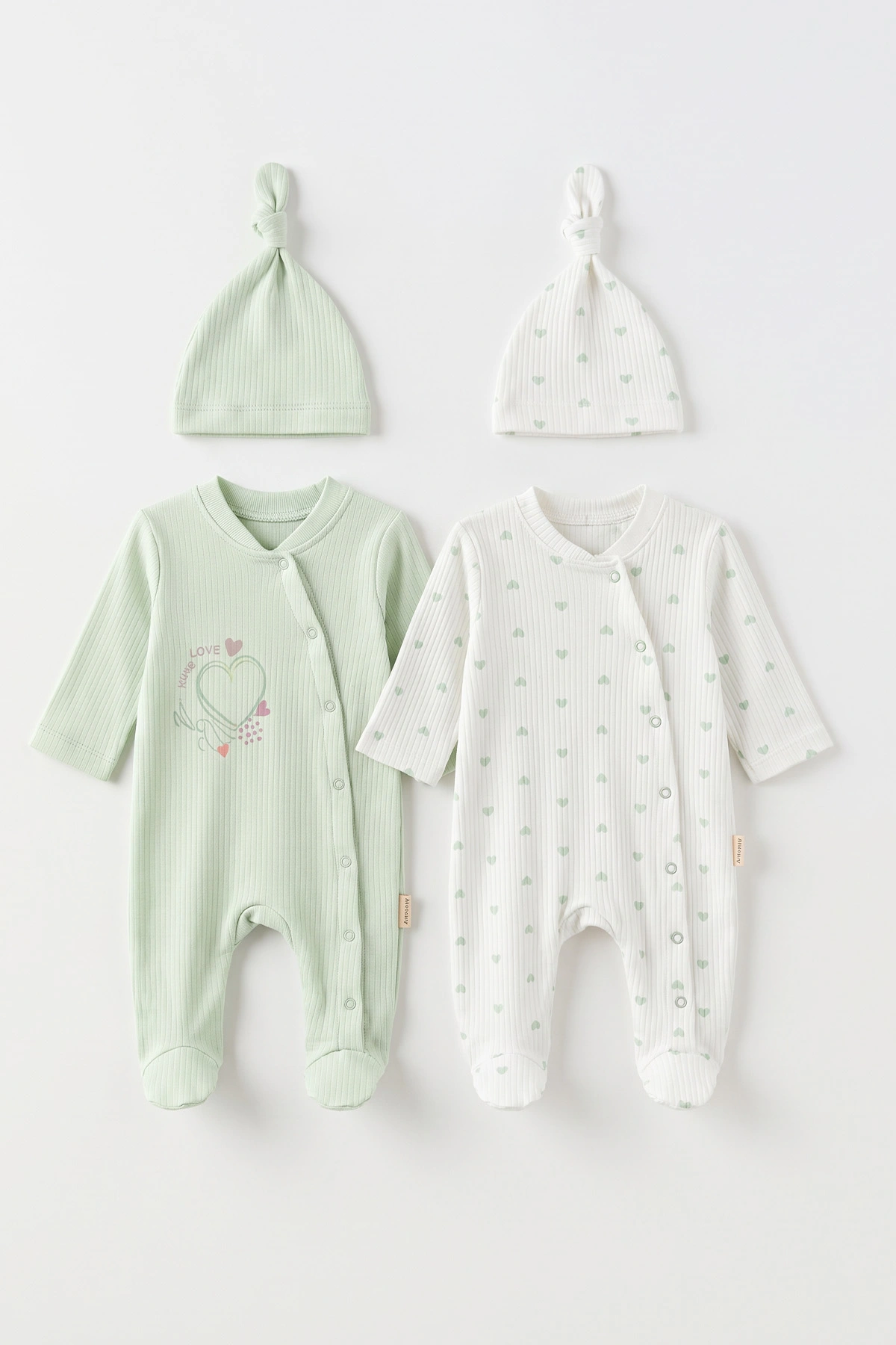 Su Yeşili (0-3 Ay)Kalp Baskılı Fitilli Kumaş Patikli ve Şapkalı 2'li Kız Bebek Tulum 497908