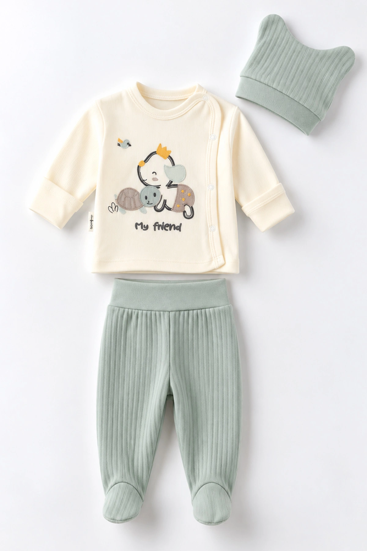 Su Yeşili (0-3 Ay)Sevimli Kaplumbağa Nakışlı Patikli ve Şapkalı Erkek Bebek 3'lü Takım 477128