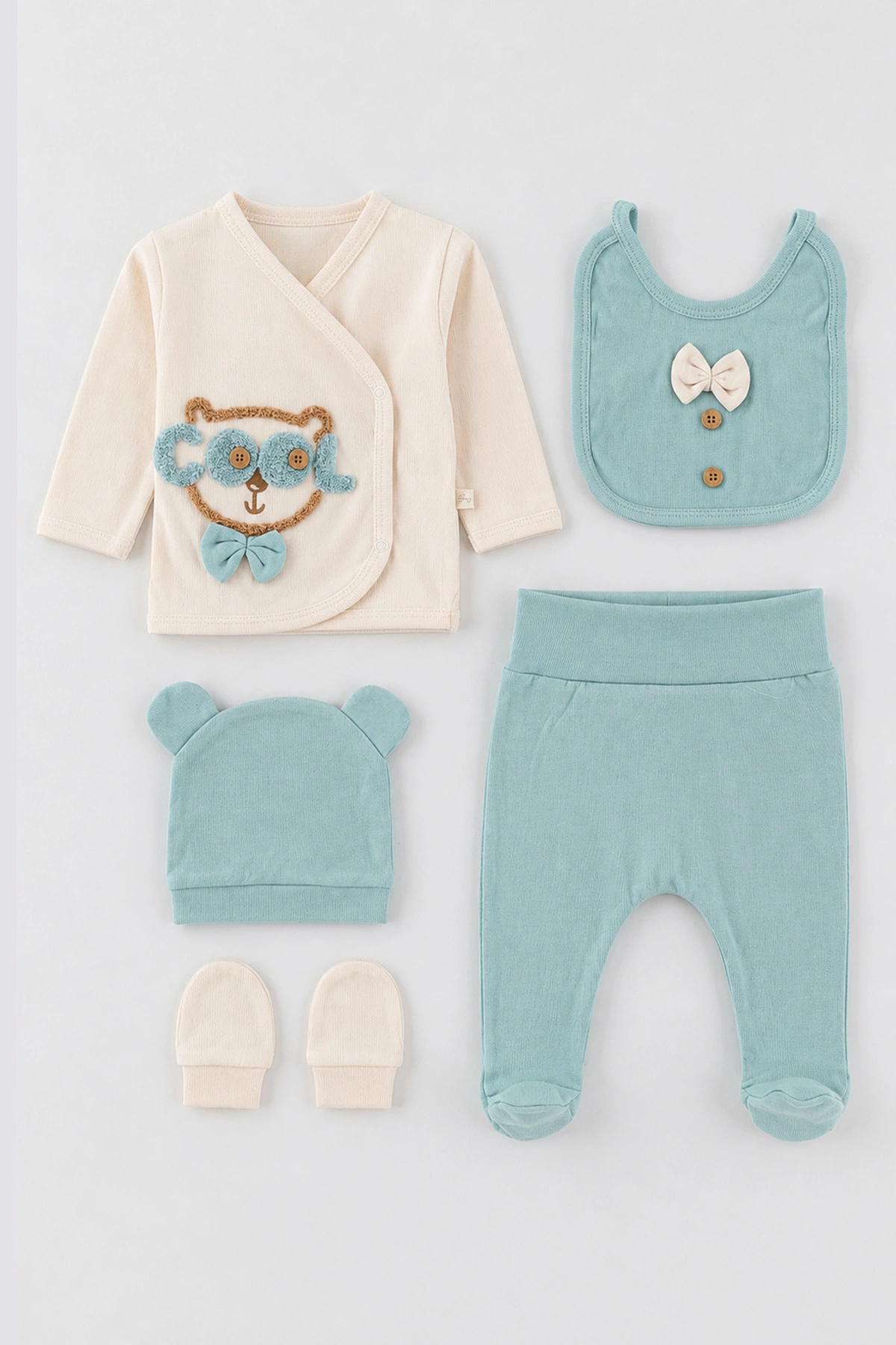 Su Yeşili (0-3 Ay)Süzene Cool Nakışlı Papyonlu Patikli 5'li Erkek Bebek Takım 479283