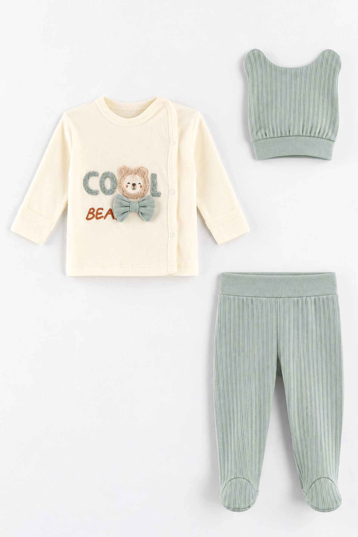 Su Yeşili (0-3 Ay)Süzene Cool Nakışlı Patikli ve Şapkalı Erkek Bebek 3'lü Takım 477132