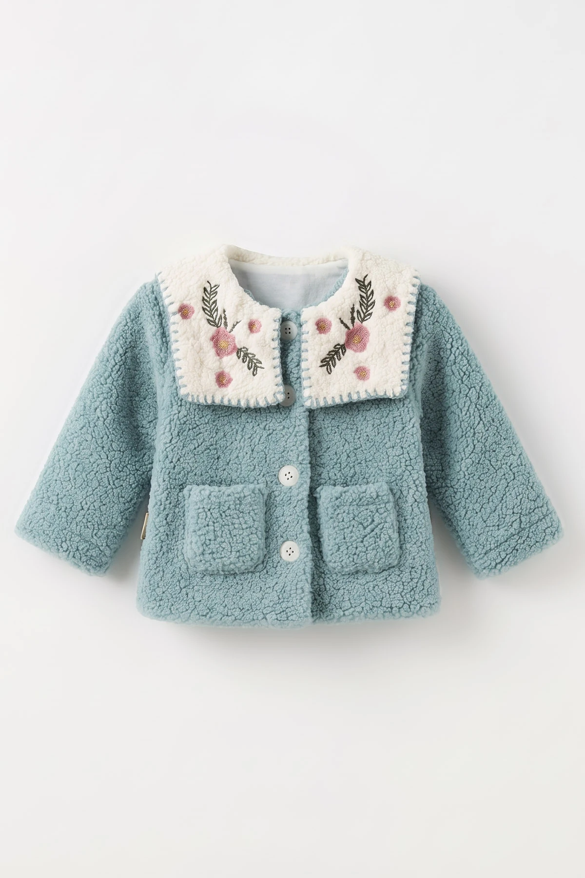 Su Yeşili (0-4 Yaş) Yakası Çiçek Nakışlı  Kuzu Kız Çocuk&Bebek  Hırka 498584