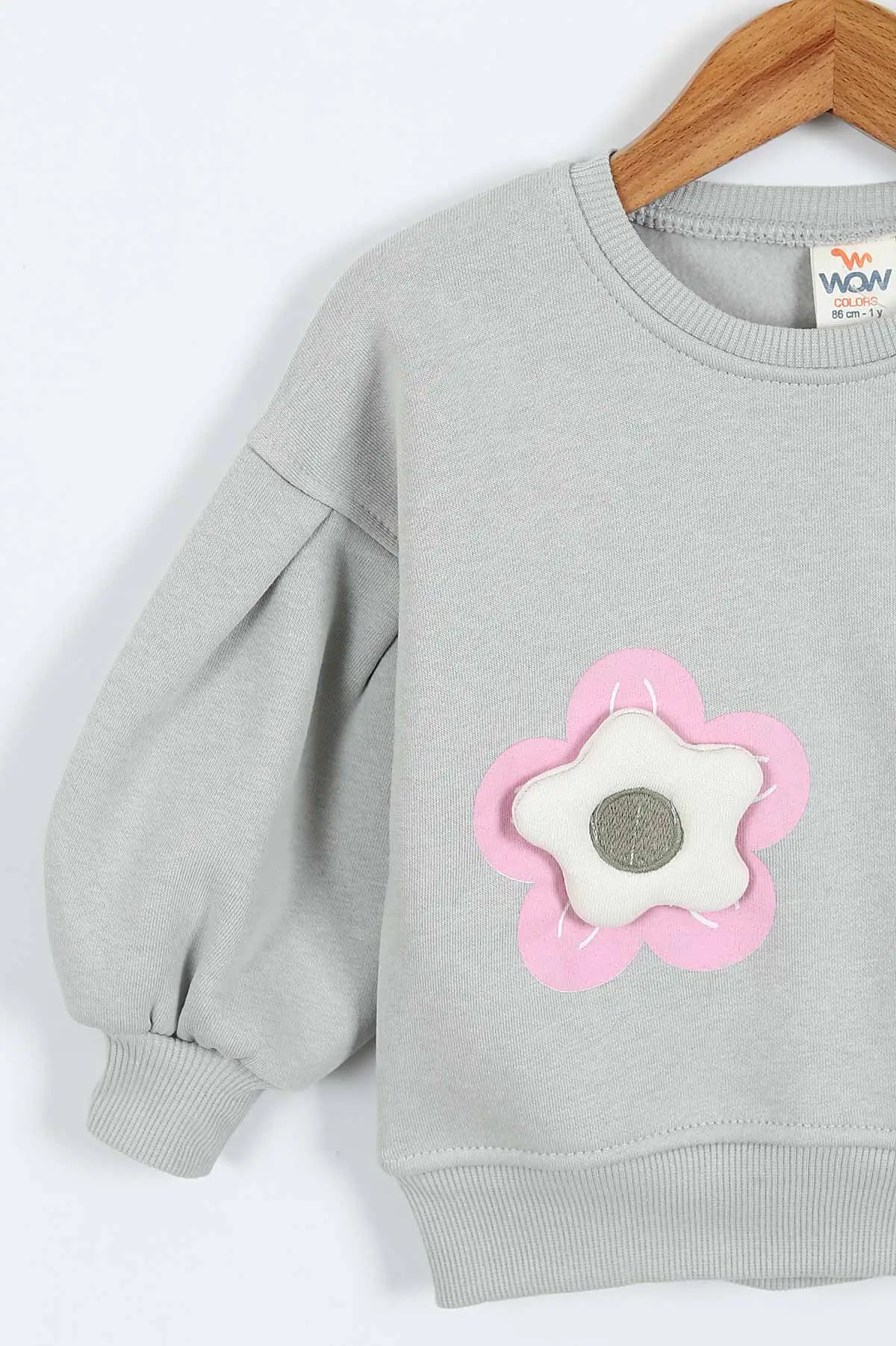 Su Yeşili (0-4 Yaş)Çiçek Nakışlı Baskılı  3 İp Şardonlu Kız Çocuk Sweatshirt 417583
