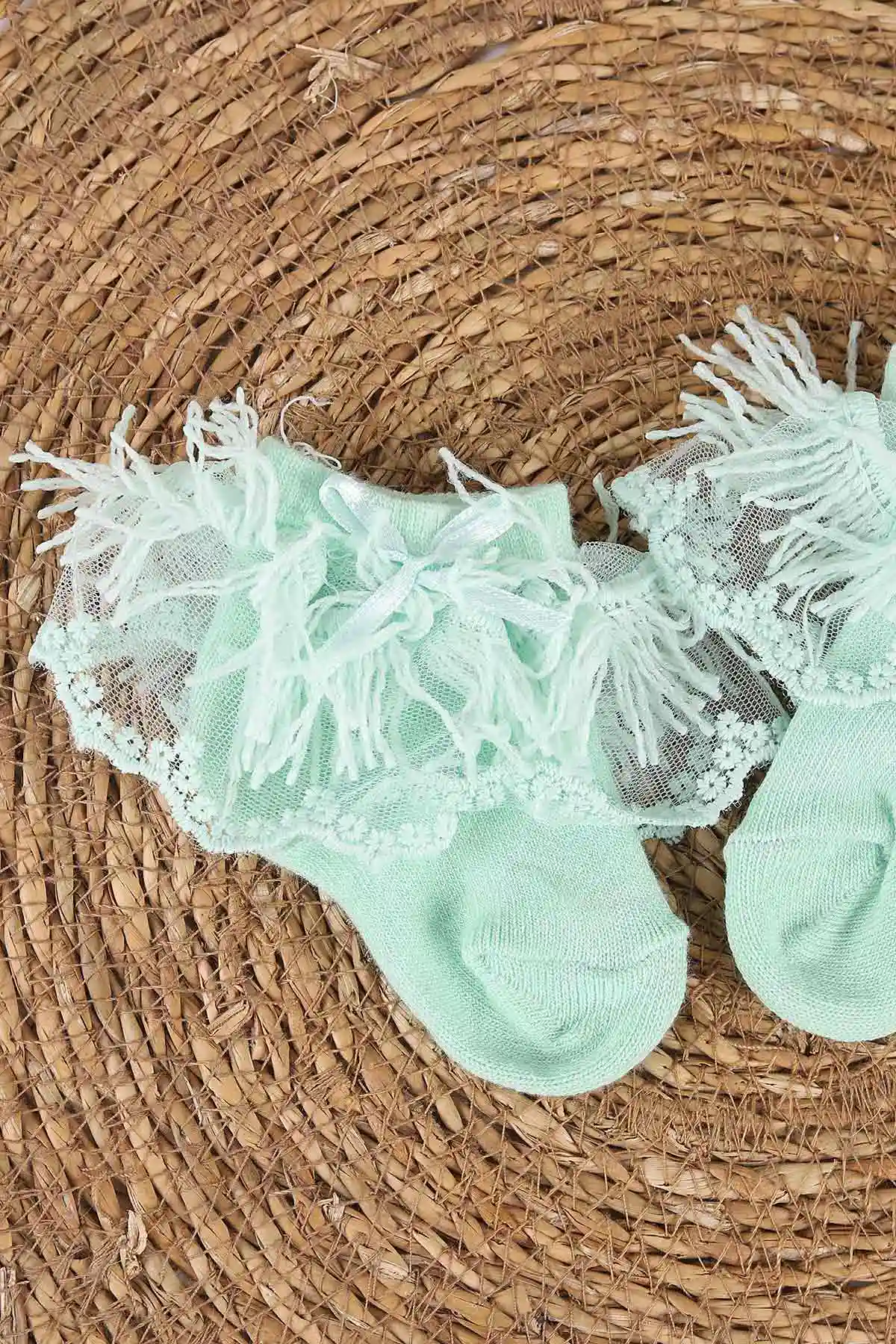 Su Yeşili (0-6 Ay) Saçaklı ve Tüllü Kız Bebek Çorap 467420