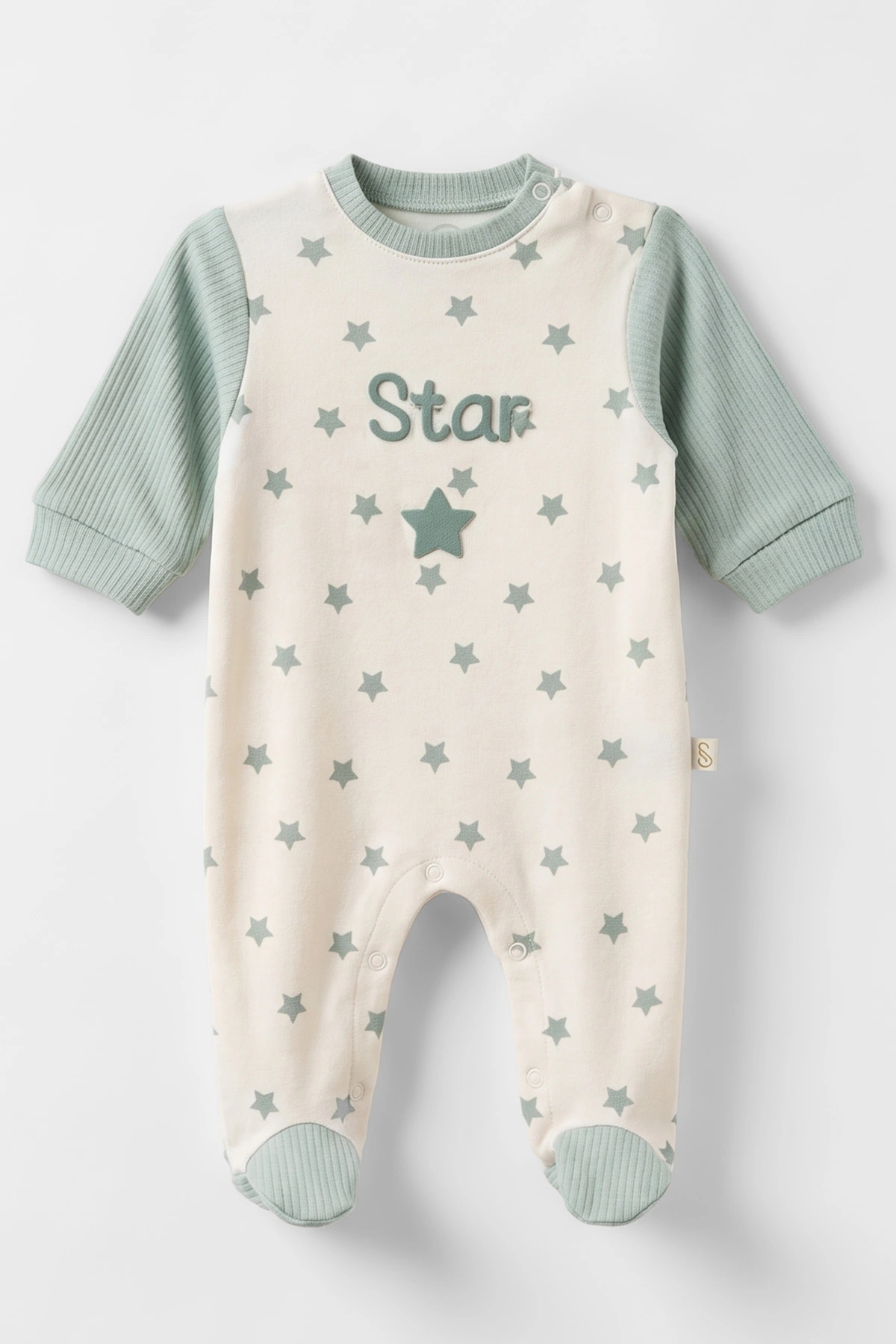 Su Yeşili (0-9 Ay) Star Baskılı Patikli Erkek Bebek Tulum 485323
