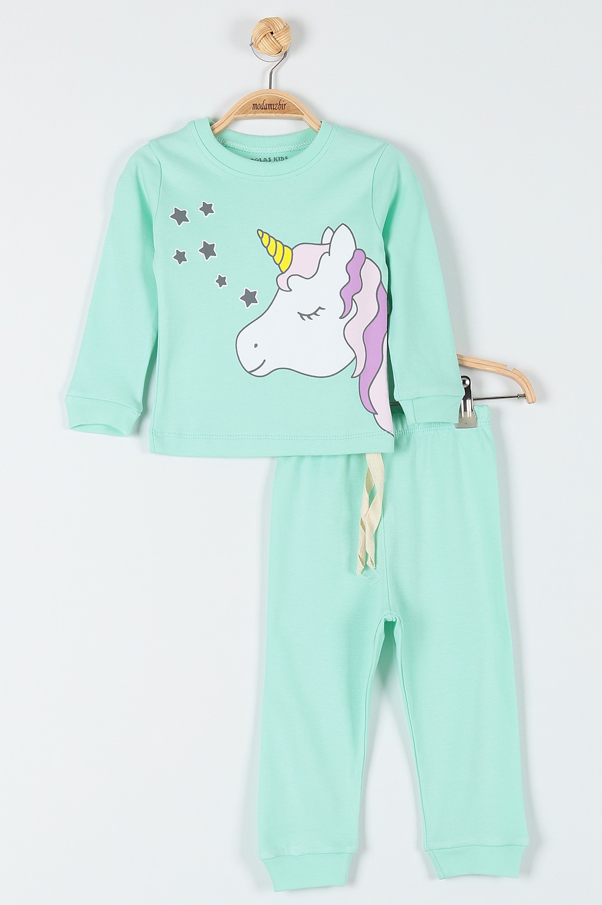 Su Yeşili (1-3 Yaş) Yıldızlı At Baskılı Kız Bebe Pijama Takım 181905