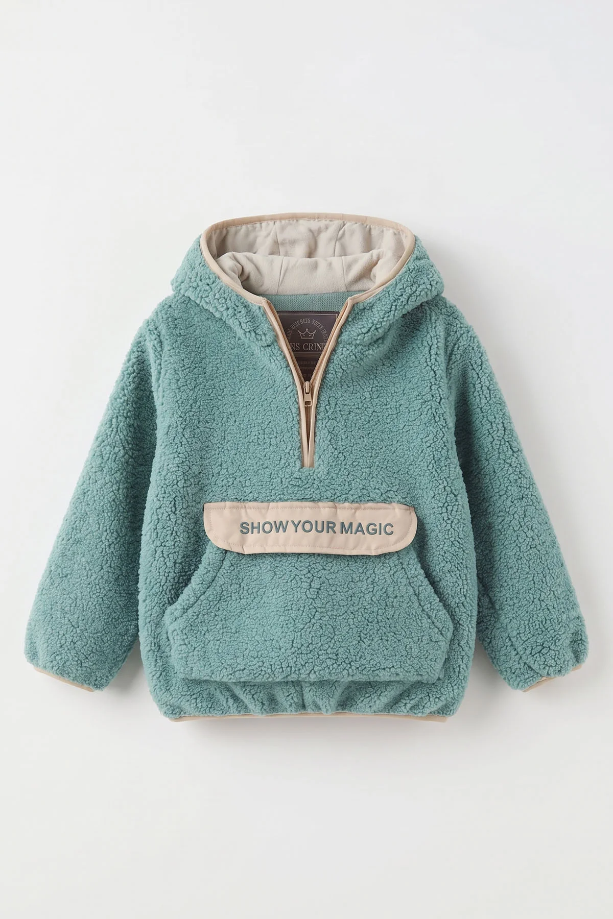 Su Yeşili (1-8 Yaş)  Nakışlı Kapüşonlu Kanguru Cepli Yarım Fermuarlı Kuzu Kız &Bebek Çocuk Sweatshirt 497457