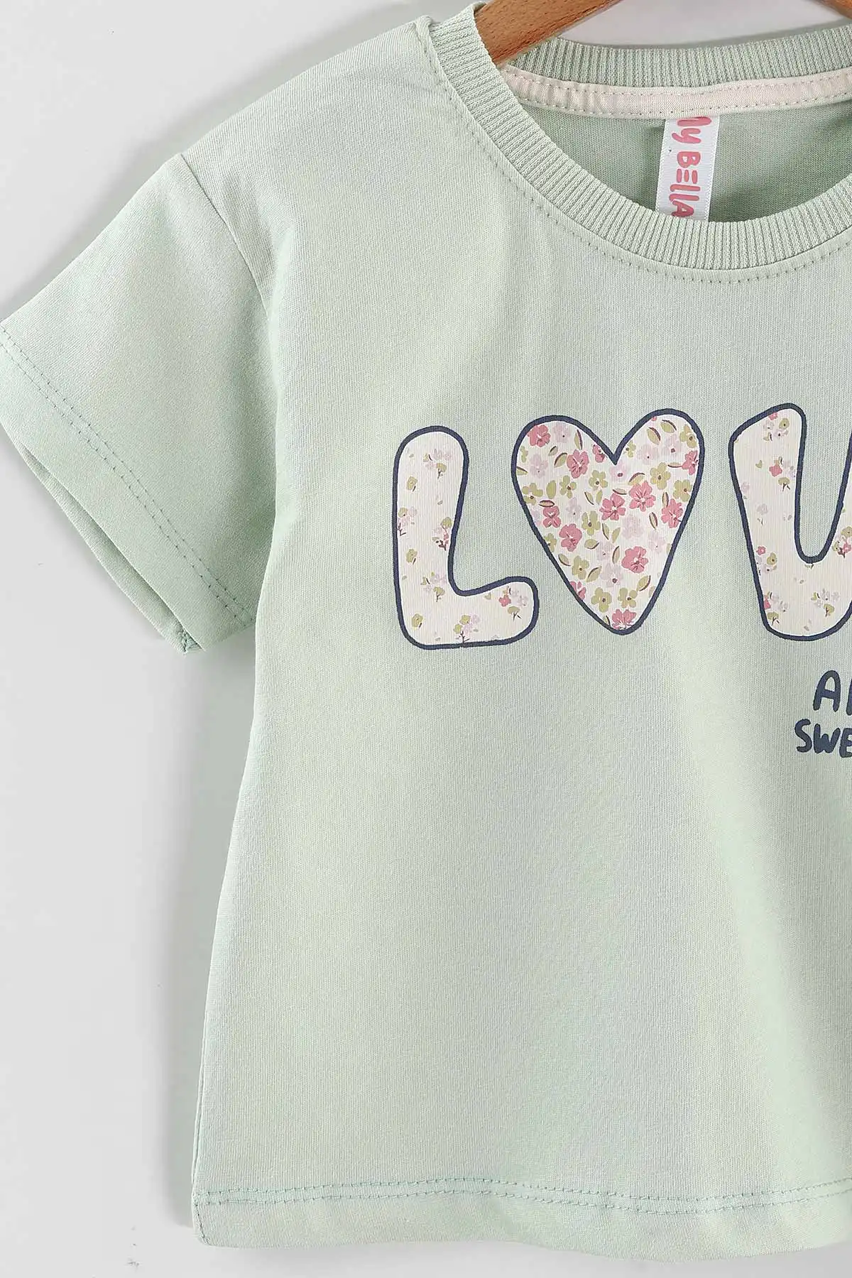 Su Yeşili (1-5 Yaş) Love Baskılı  Çiçekli Şortlu Kız Çocuk Yazlık Takım 439231