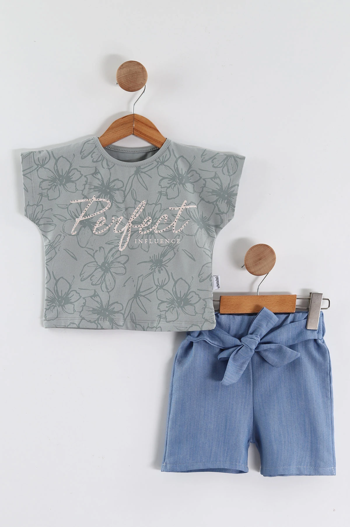 Su Yeşili (1-5 Yaş) Perfect Taş Baskılı Tişörtlü Kot Şortlu Kız Çocuk Yazlık Takım 458960