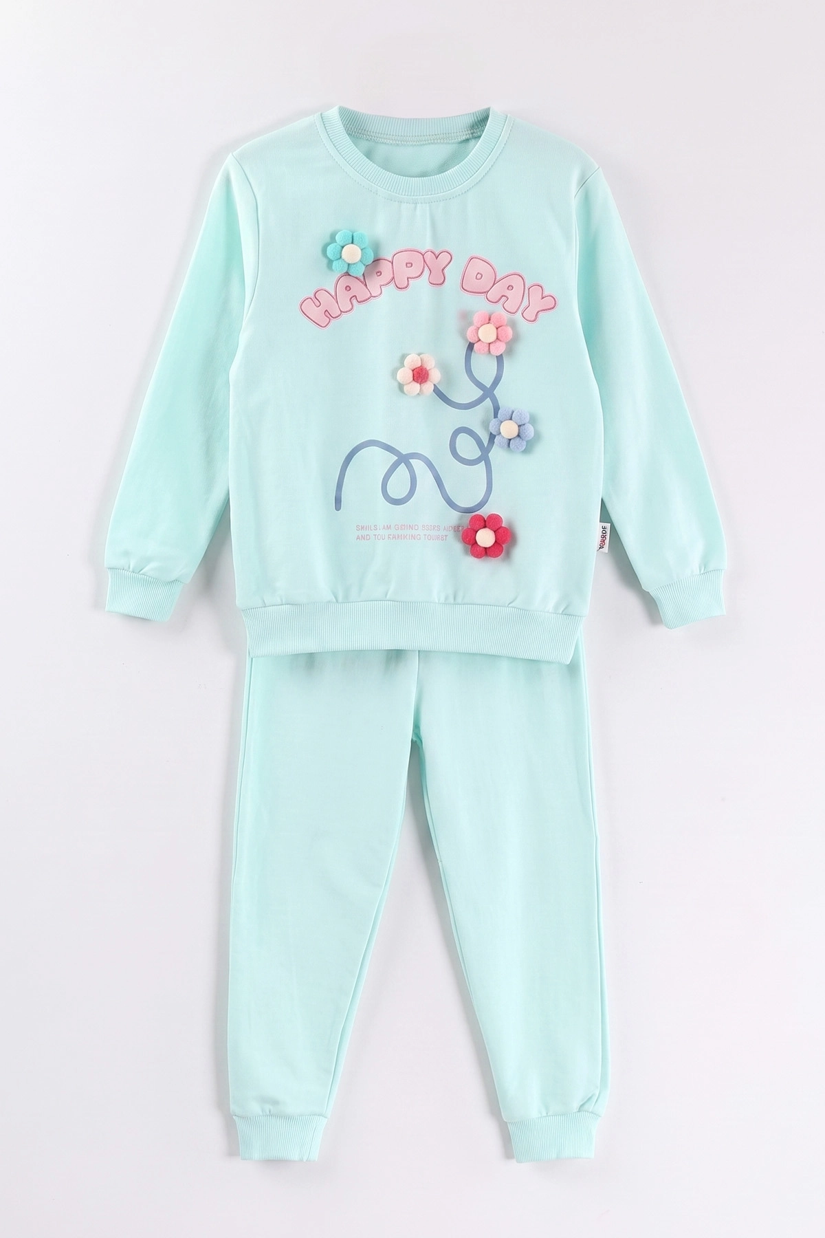 Su Yeşili (2-6 Yaş)Happy Go Baskılı Ponponlu Kız Çocuk 2'li  Takım 472906