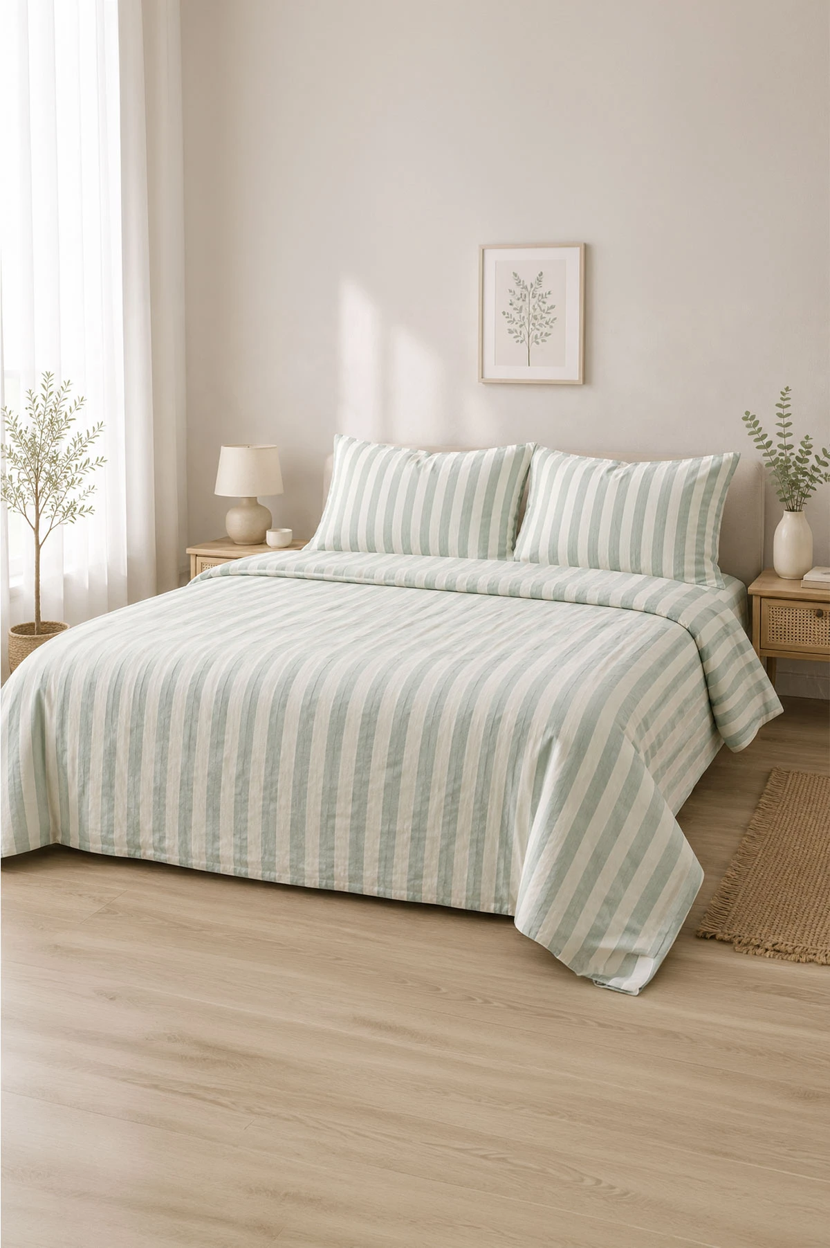 Su Yeşili 200x220 Cm Bella Home Çift Kişilik İpliği Boyalı Naturel Nevresim Takımı - Zarif Desen & Premium Kalite 475864