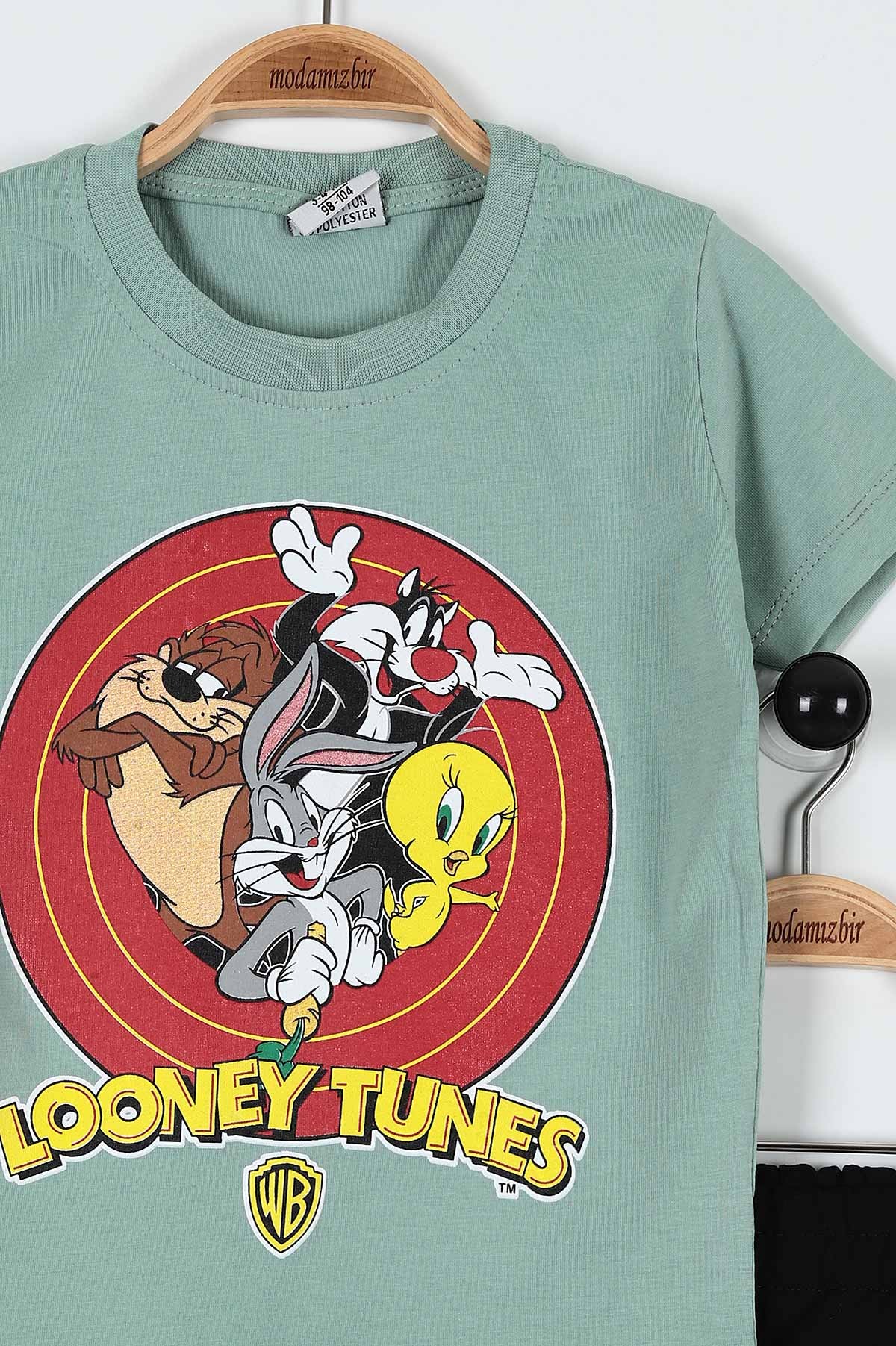 Su Yeşili (3-10 Yaş) Looney Tunes Baskılı Şortlu Erkek Çocuk Takım 184495