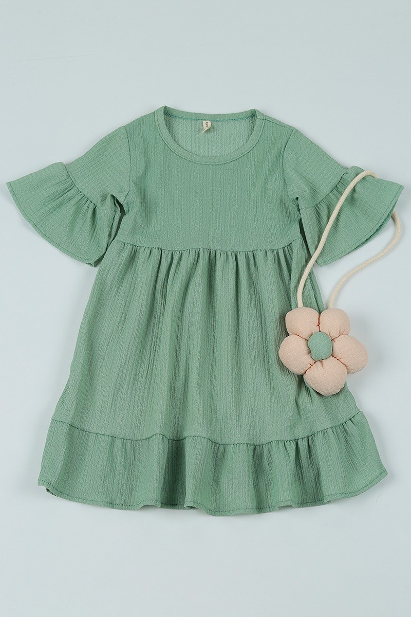 Su Yeşili (3-10 Yaş) Okyanus Kumaş Papatya Sahte Çantalı Kız Çocuk Elbise 108629