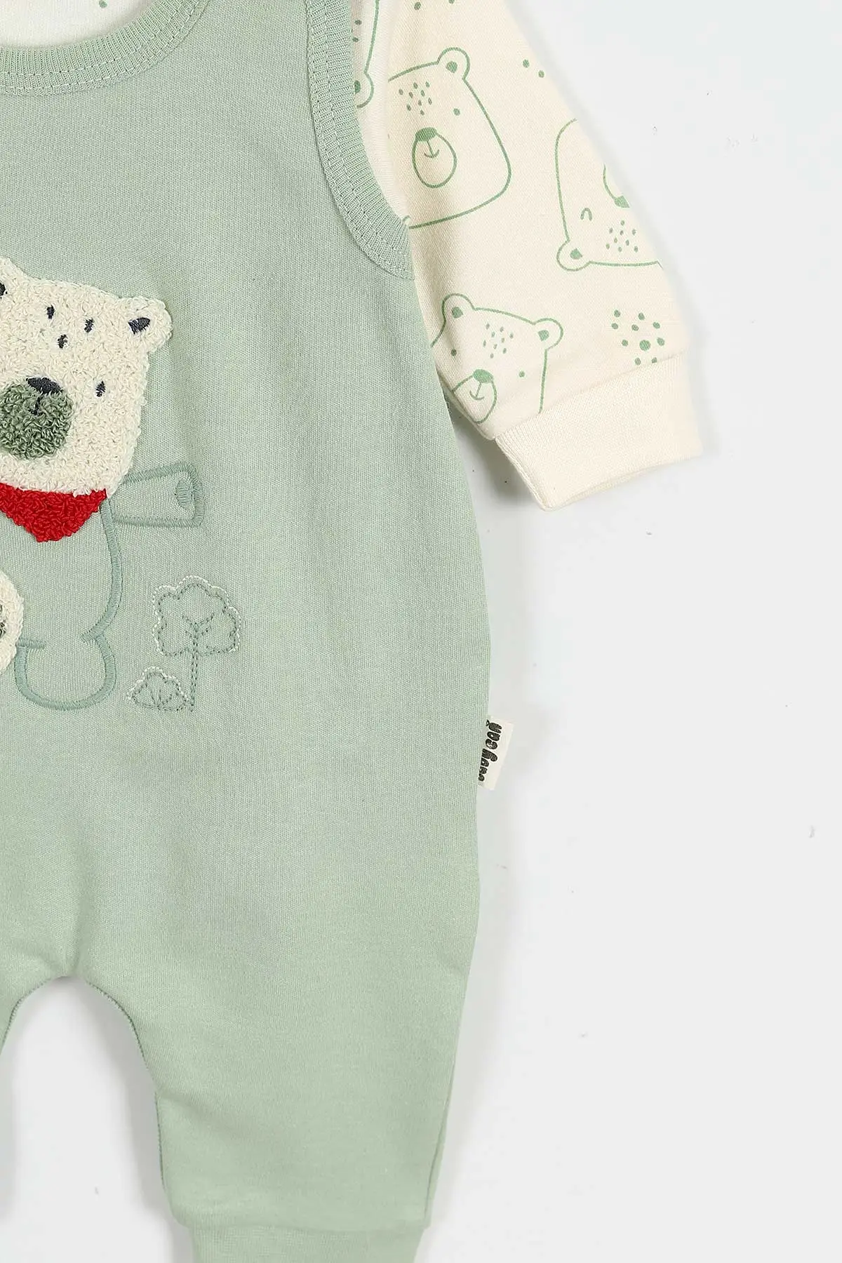 Su Yeşili (3-12 Ay)Fularlı Ayı Nakışlı Erkek Bebek Salopet Takım 424719