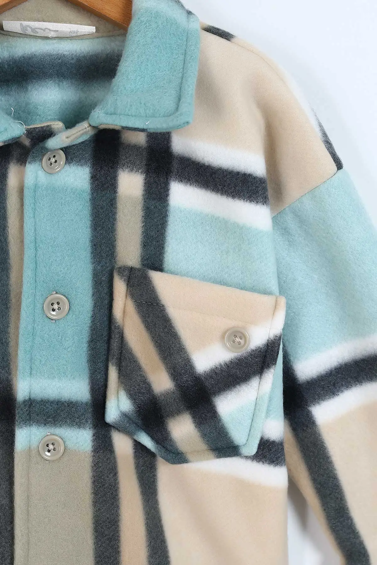 Su Yeşili (3-12 Yaş) Ekoseli Cep Detaylı Polar Erkek Çocuk Gömlek 337299