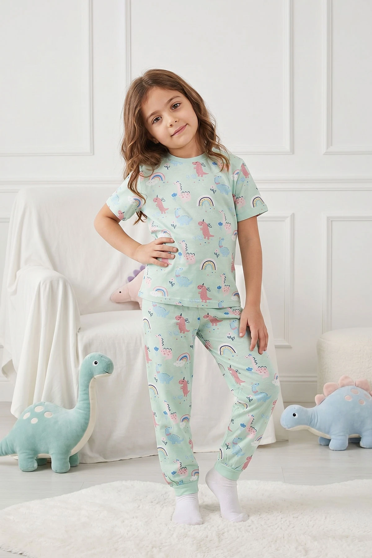 Su Yeşili (3-12 Yaş)Gökkuşağı Desen Kız Çocuk Pijama Takımı 461476