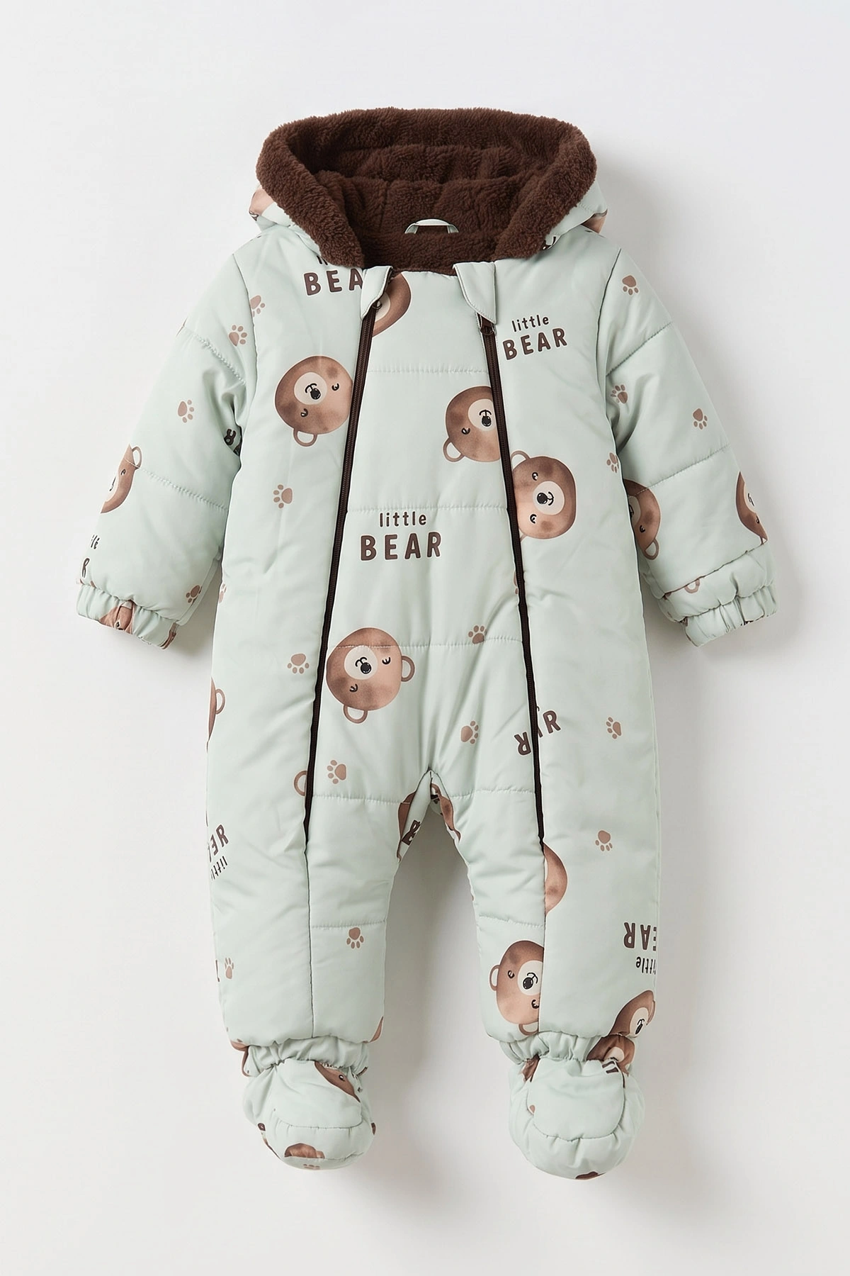 Su Yeşili (3-18 Ay)  Little Bear Desenli İçi Kürklü Çıkarılabilir Patik ve Eldivenli Kapüşonlu Bebek Kozmonot Astronot Tulum 496428