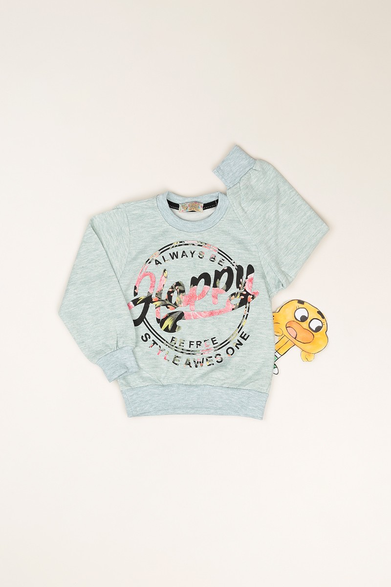 Su Yeşili (3-12 Yaş) Happy Baskılı İçi Şardonlu Kız Çocuk Sweatshirt 82154
