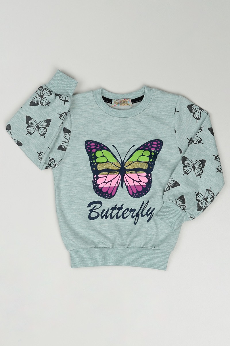 Su Yeşili (3-12 Yaş) Kelebek Baskılı Kız Çocuk Sweatshirt 84891