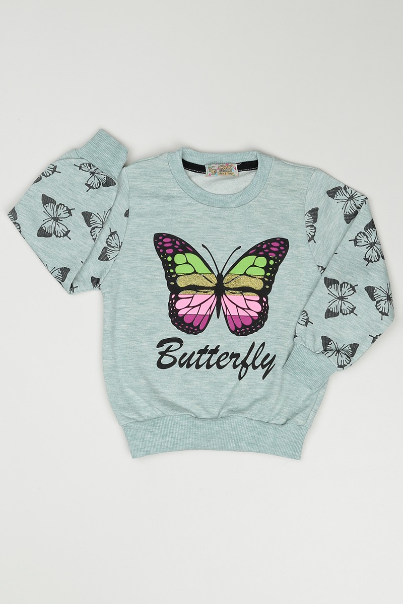 Su Yeşili (3-7 Yaş) Kelebek Baskılı Kız Çocuk SweatShirt 90354
