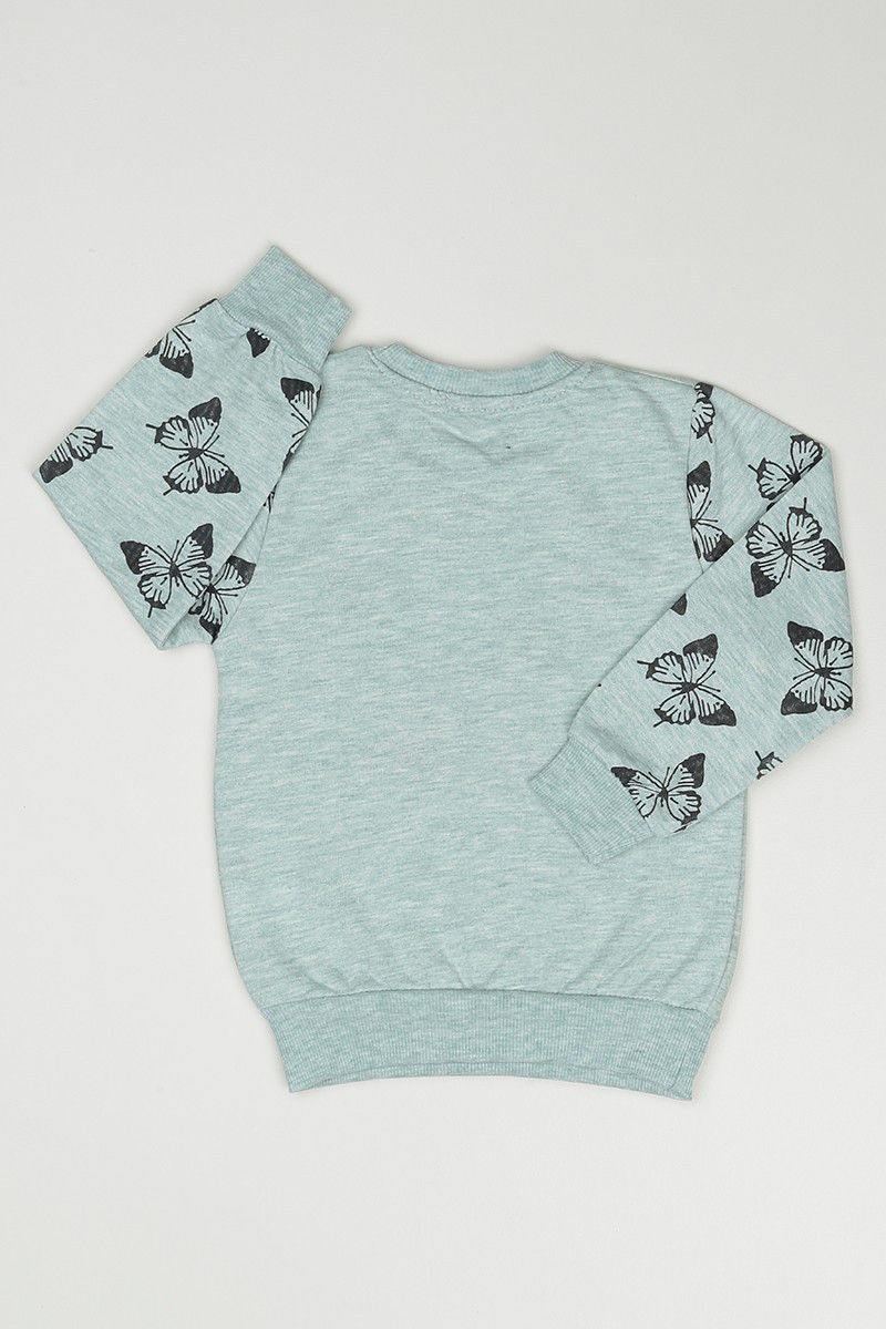 Su Yeşili (3-7 Yaş) Kelebek Baskılı Kız Çocuk Sweatshirt 90860