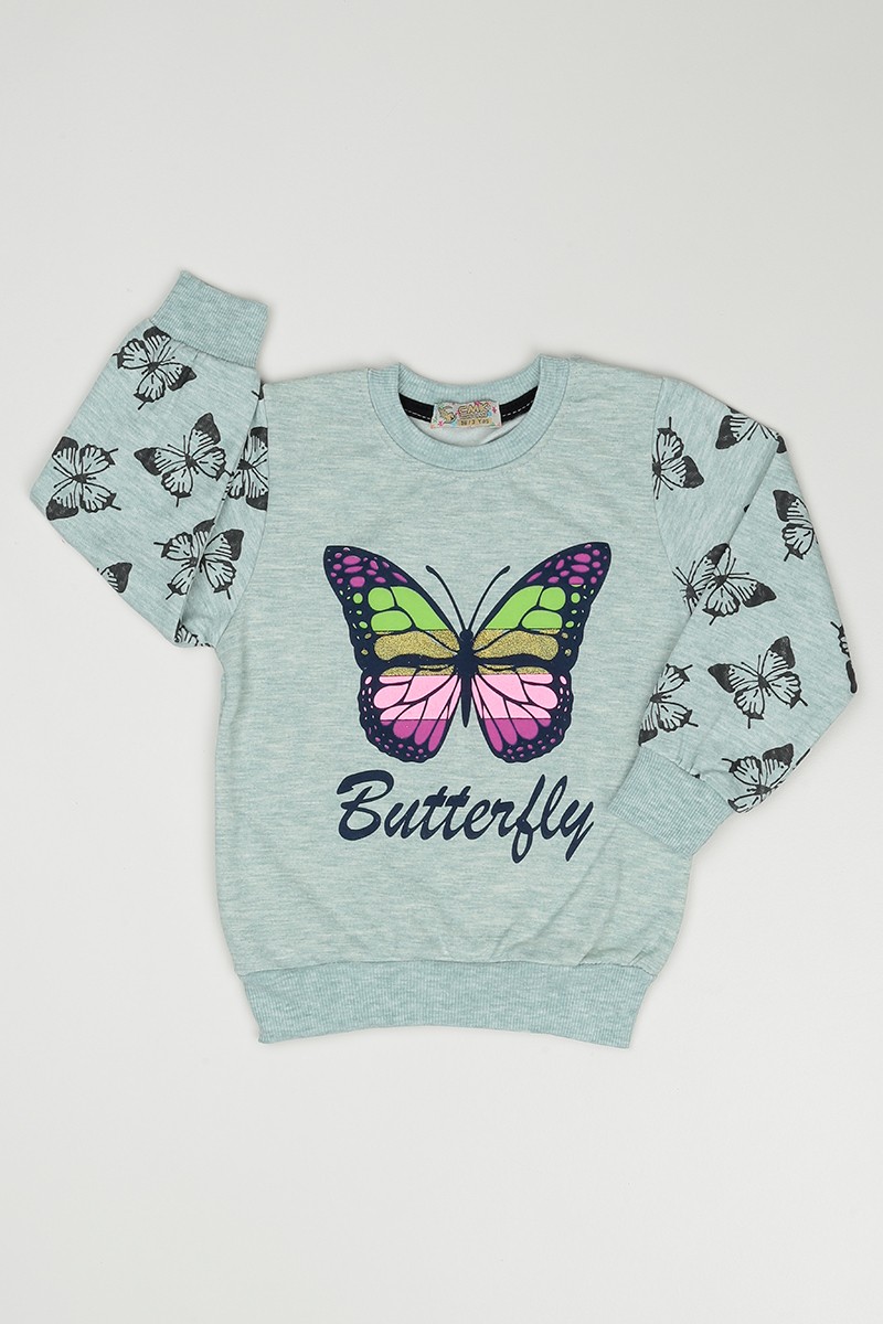 Su Yeşili (3-7 Yaş) Kelebek Baskılı Kız Çocuk Sweatshirt 90860
