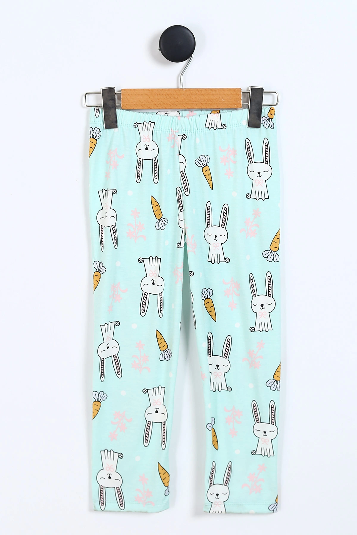 Su Yeşili (4-12 Yaş) Tavşan Baskılı Ön Düğmeli Göz Bandı Detaylı Kız Çocuk Pijama Takım 337919