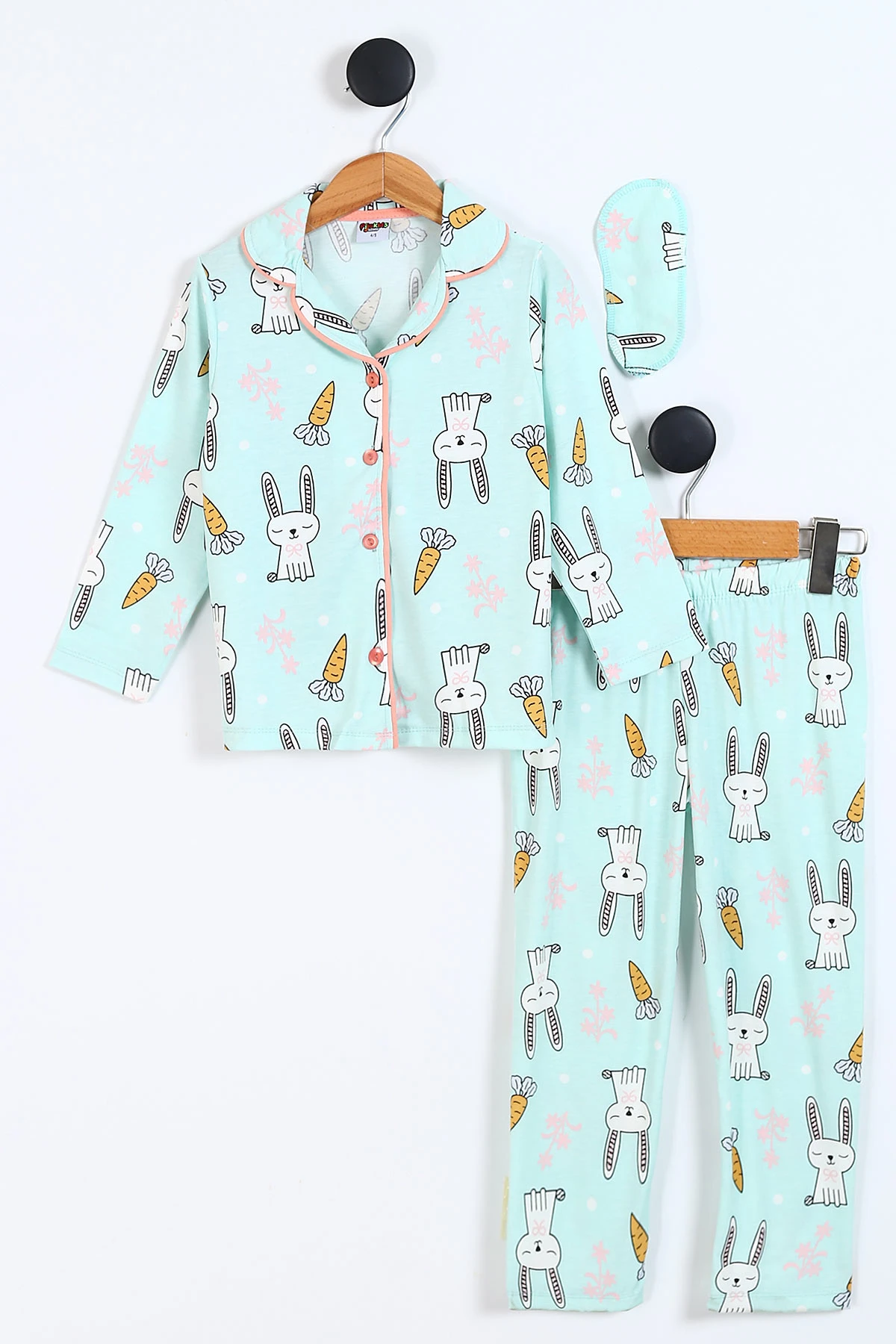 Su Yeşili (4-12 Yaş) Tavşan Baskılı Ön Düğmeli Göz Bandı Detaylı Kız Çocuk Pijama Takım 337919