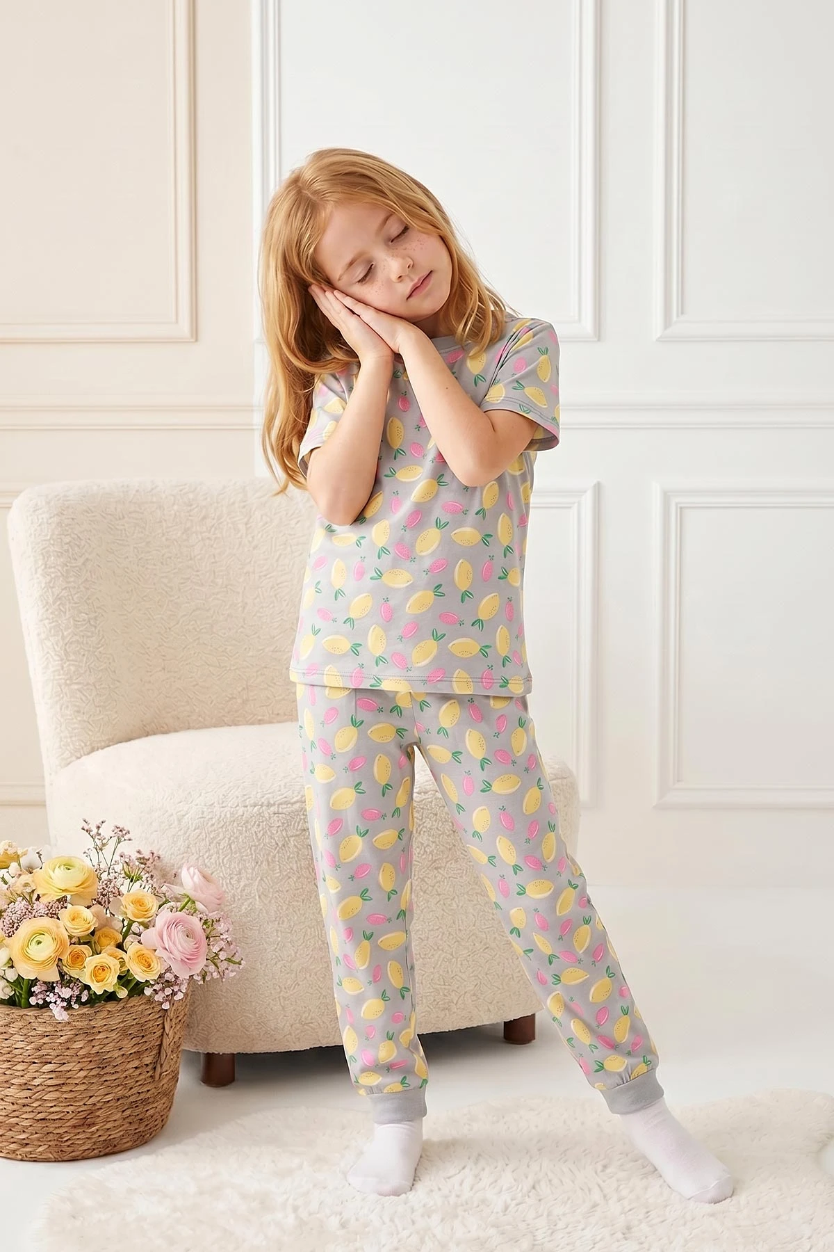 Su Yeşili (4-13 Yaş)Limon Desenli Kız Çocuk Pijama Takımı 461473