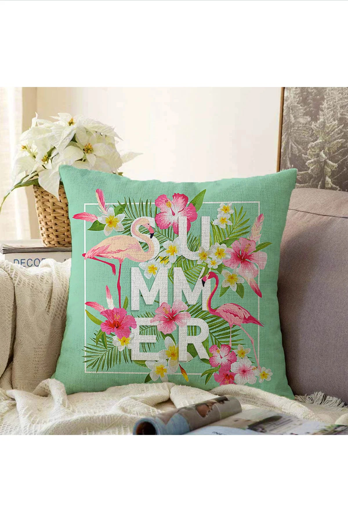 Yeşil 43x43 Dijital Baskılı Fermuarlı Modern Kırlent Kılıfı 272913