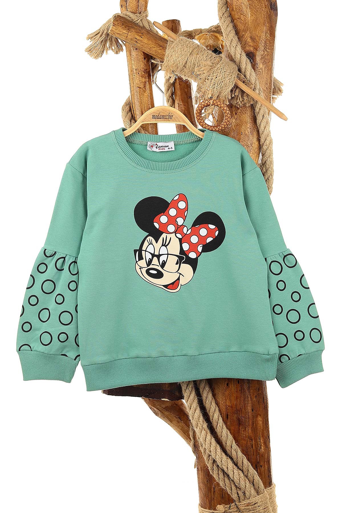 Su Yeşili (5-8 Yaş) Kolu Halka Baskılı İki İp Şardonlu Kız Çocuk Sweat 151572