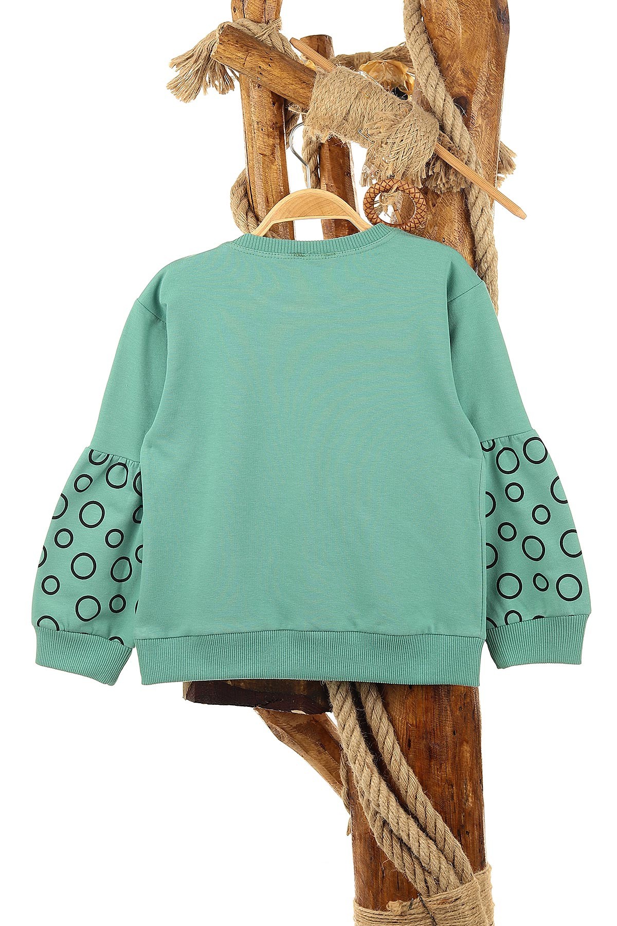 Su Yeşili (5-8 Yaş) Kolu Halka Baskılı İki İp Şardonlu Kız Çocuk Sweat 151572