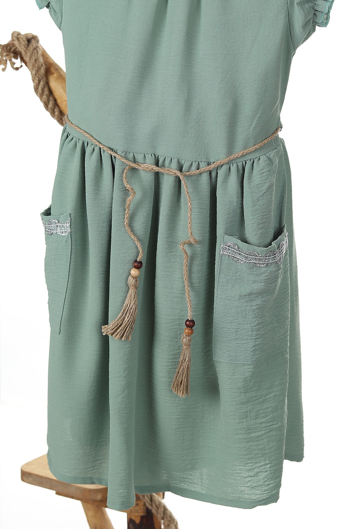 Su Yeşili (6-10 Yaş) Cep Şeritli Boyun Kol Lastikli Bel Bağlamalı Kız Çocuk Elbise 165439