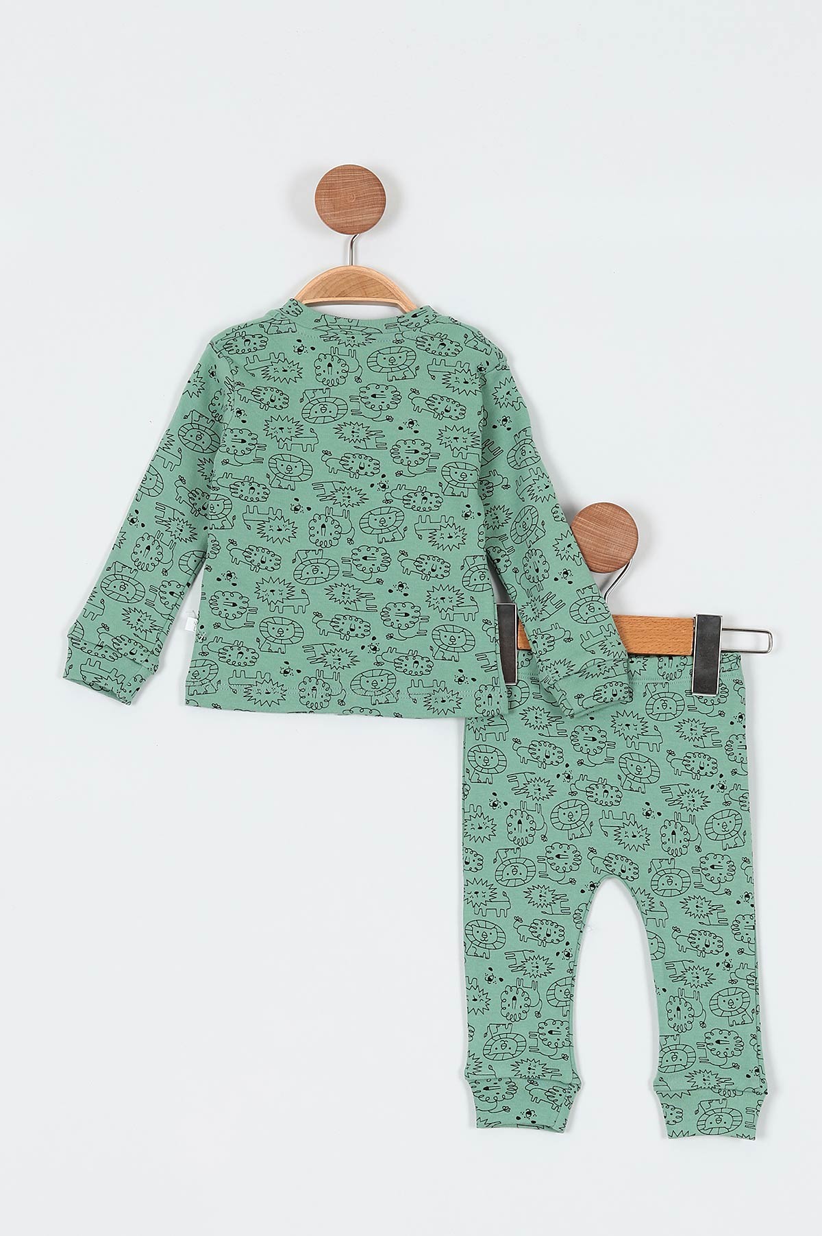 Su Yeşili (6-12 Ay) Aslan Baskılı Önü Çıtçıtlı Erkek Bebe Pijama Takım 196991