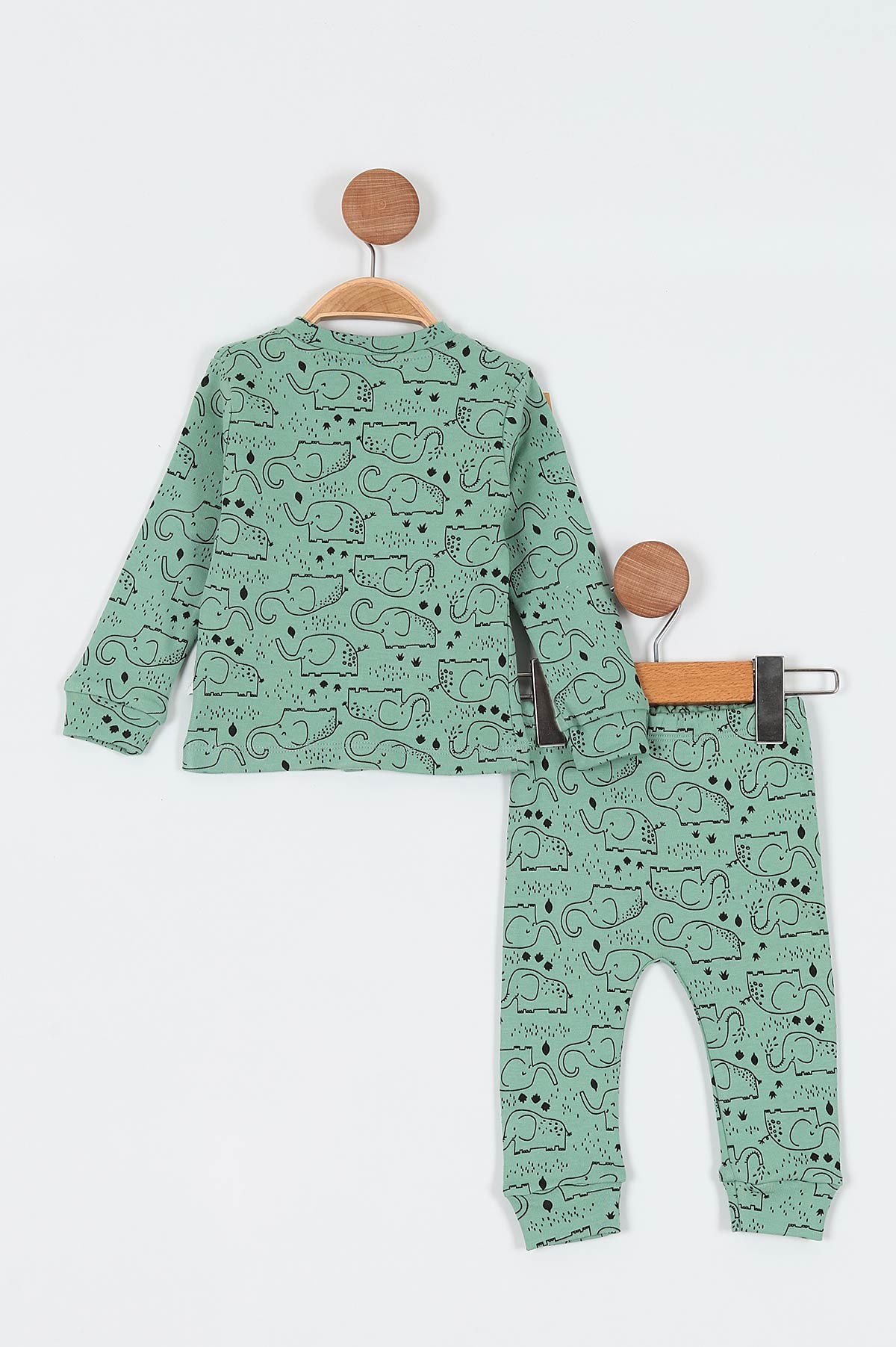 Su Yeşili (6-12 Ay) Fil Baskılı Önü Çıtçıtlı Erkek Bebe Pijama Takım 196994