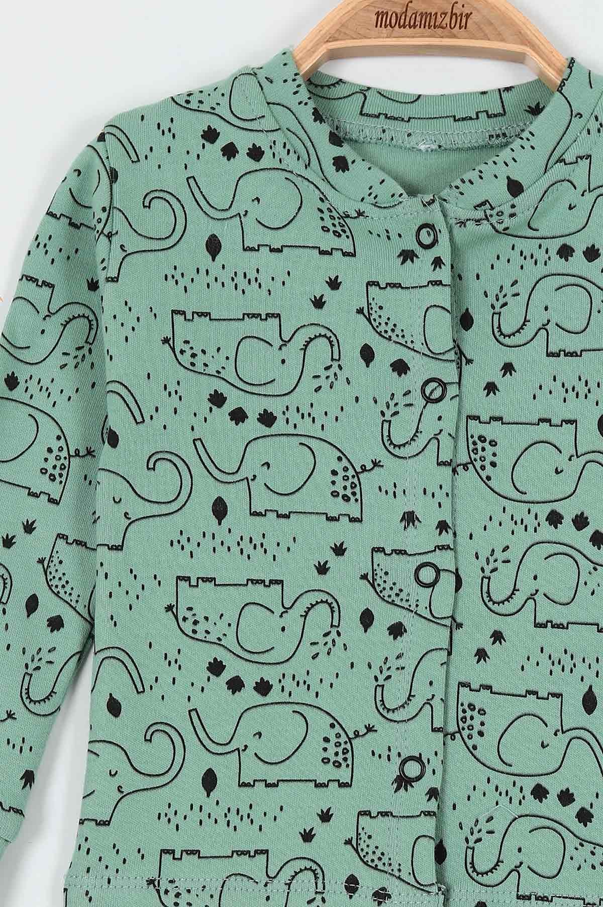 Su Yeşili (6-12 Ay) Fil Baskılı Önü Çıtçıtlı Erkek Bebe Pijama Takım 196994