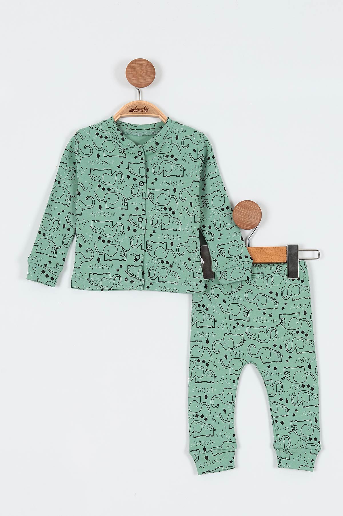 Su Yeşili (6-12 Ay) Fil Baskılı Önü Çıtçıtlı Erkek Bebe Pijama Takım 196994